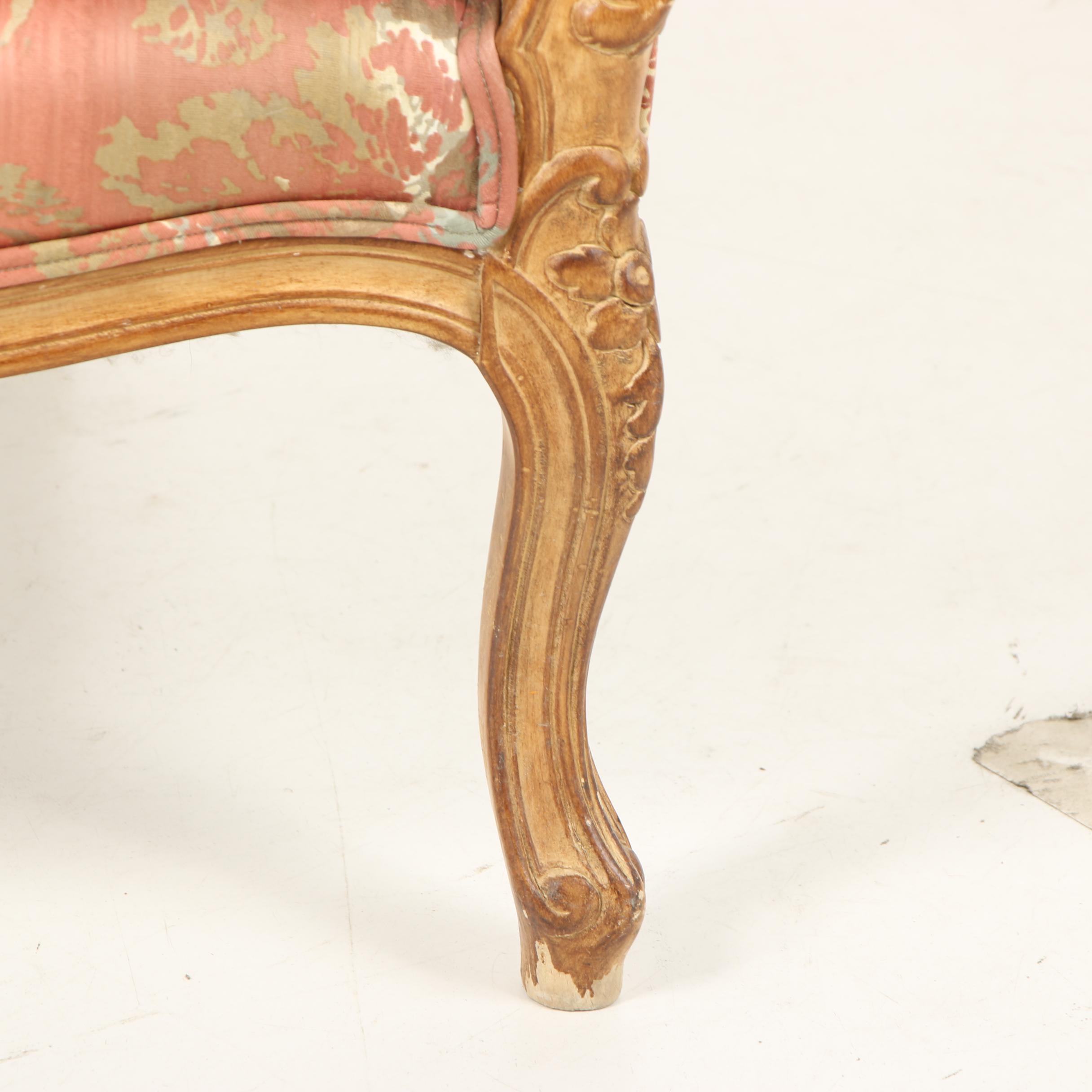 French Provincial Style Carved Birch Frame Upholstered Armchair, Mid-20th C.
