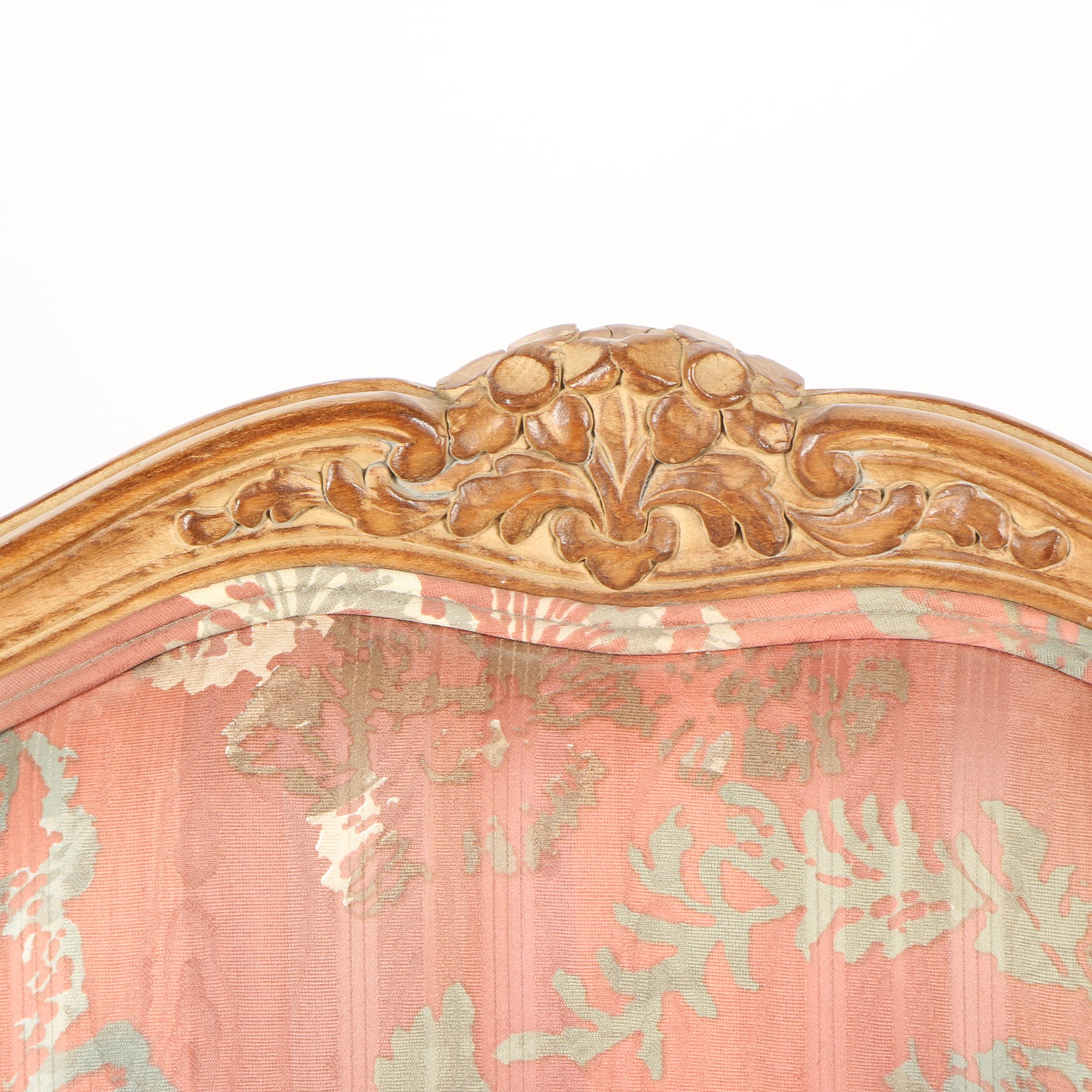 French Provincial Style Carved Birch Frame Upholstered Armchair, Mid-20th C.