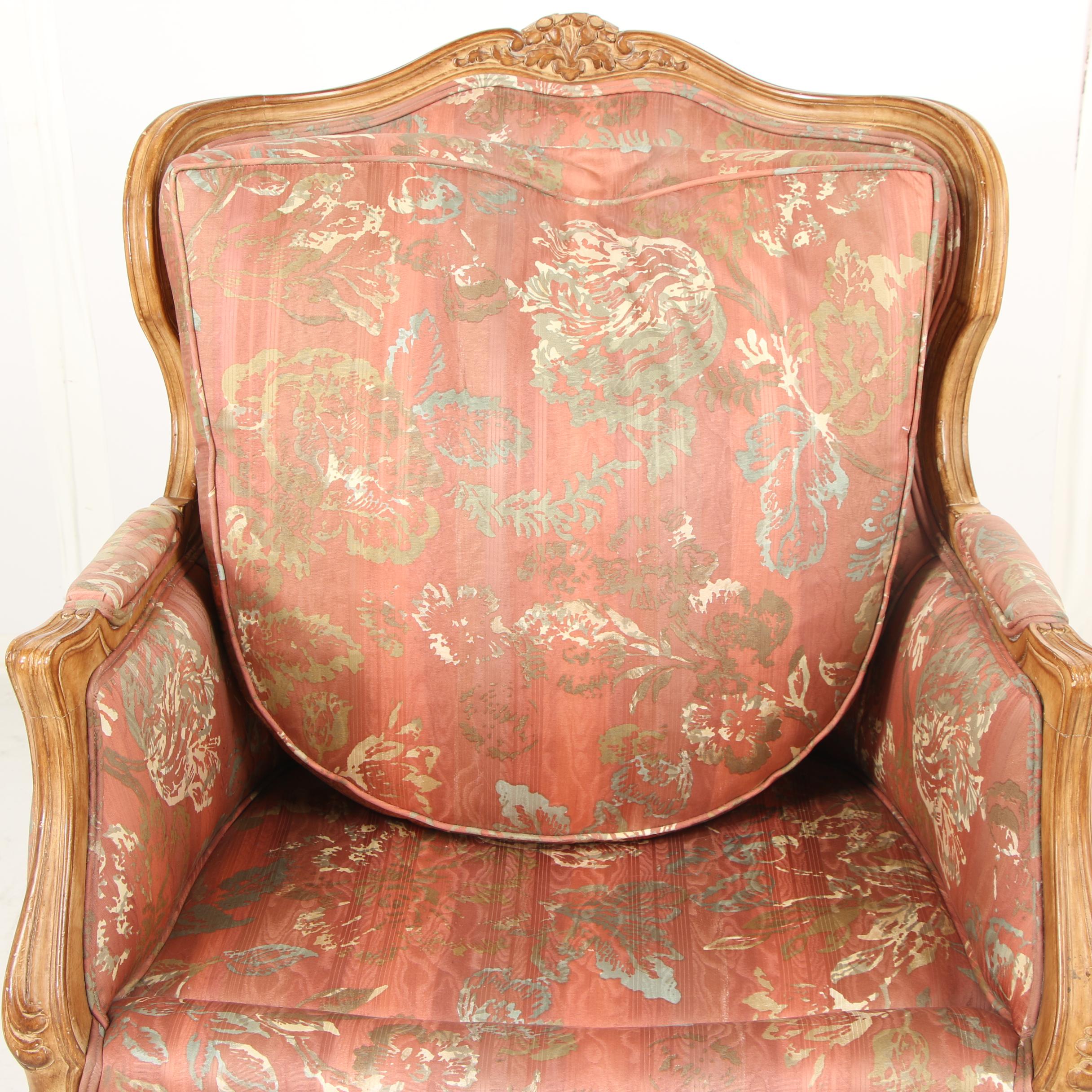 French Provincial Style Carved Birch Frame Upholstered Armchair, Mid-20th C.