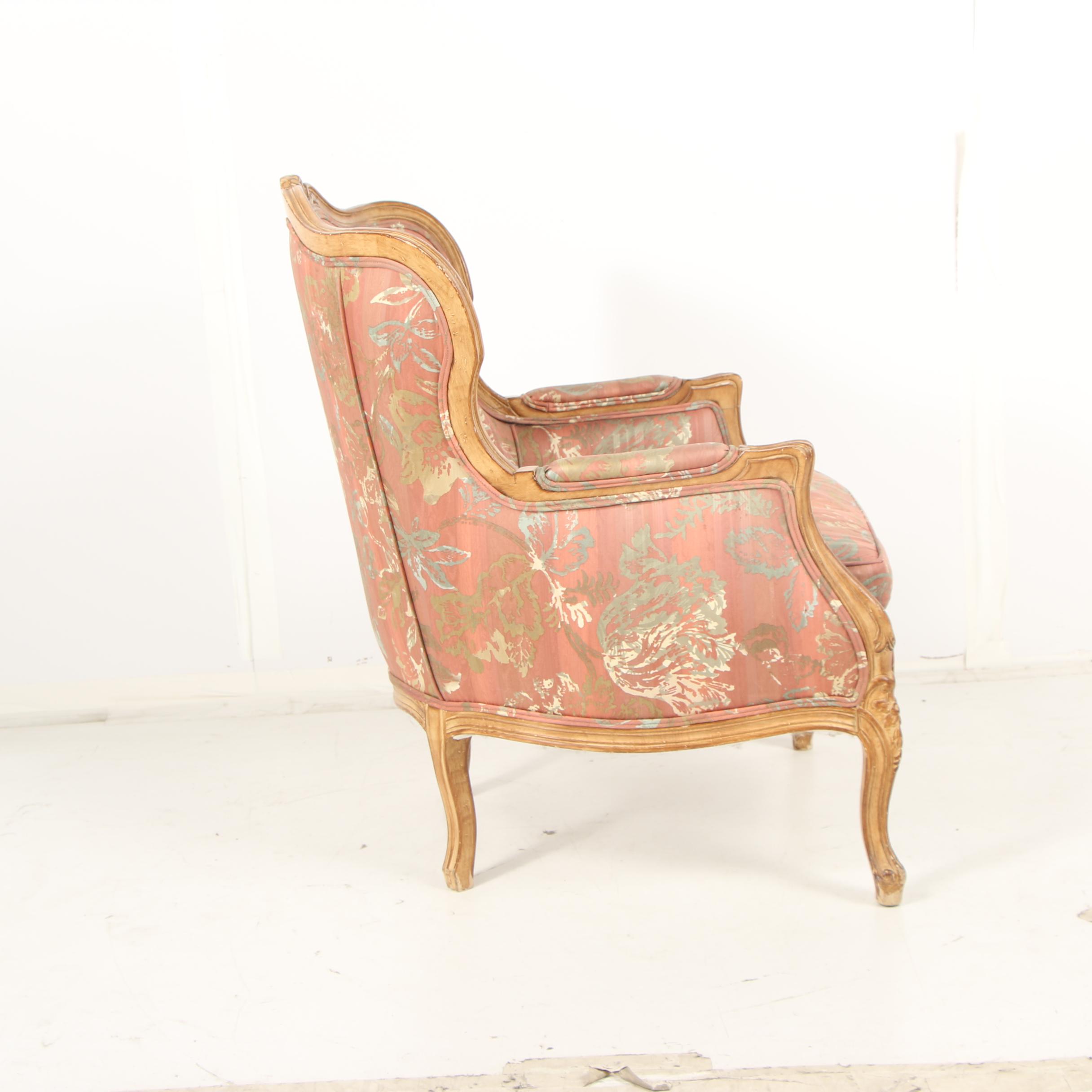 French Provincial Style Carved Birch Frame Upholstered Armchair, Mid-20th C.
