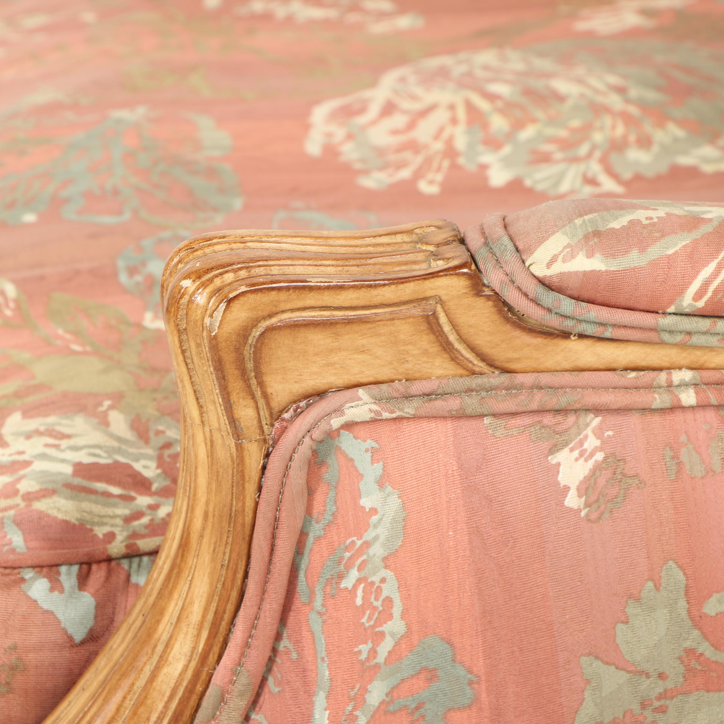 French Provincial Style Carved Birch Frame Upholstered Armchair, Mid-20th C.