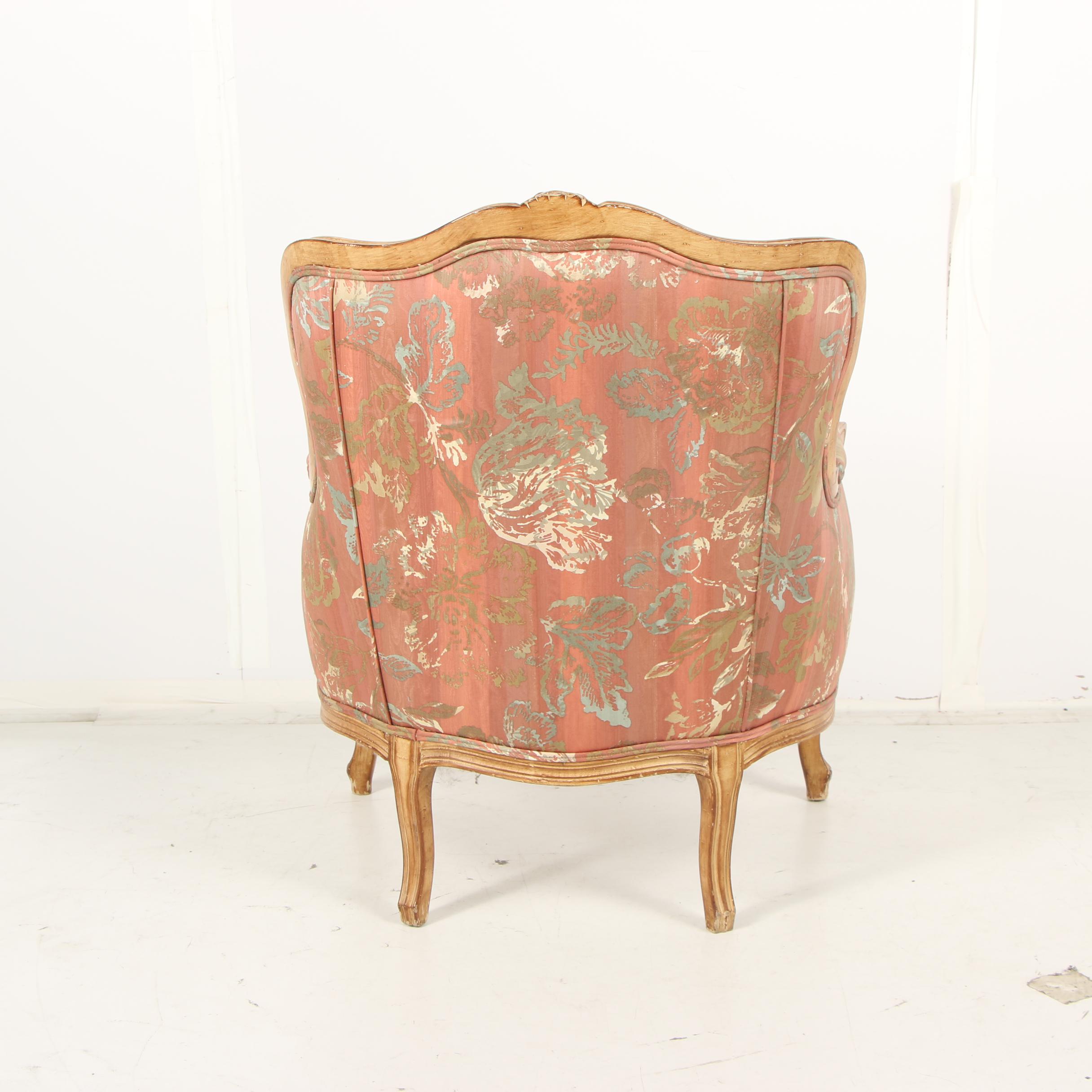 French Provincial Style Carved Birch Frame Upholstered Armchair, Mid-20th C.