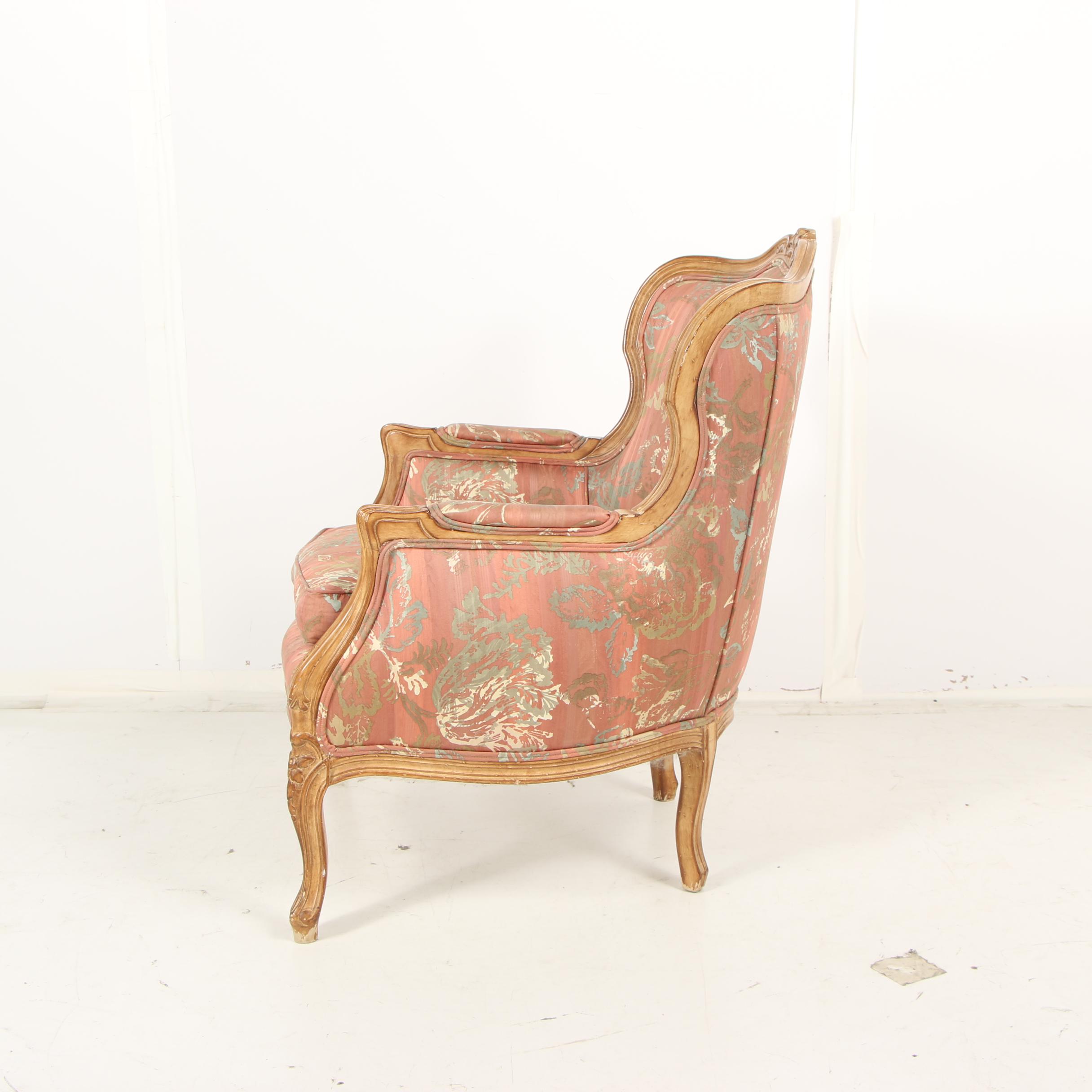 French Provincial Style Carved Birch Frame Upholstered Armchair, Mid-20th C.