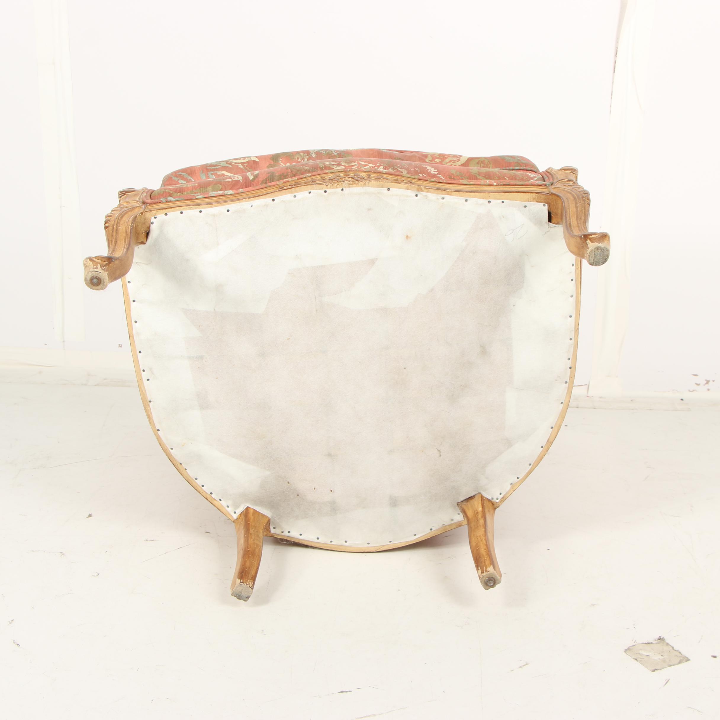 French Provincial Style Carved Birch Frame Upholstered Armchair, Mid-20th C.