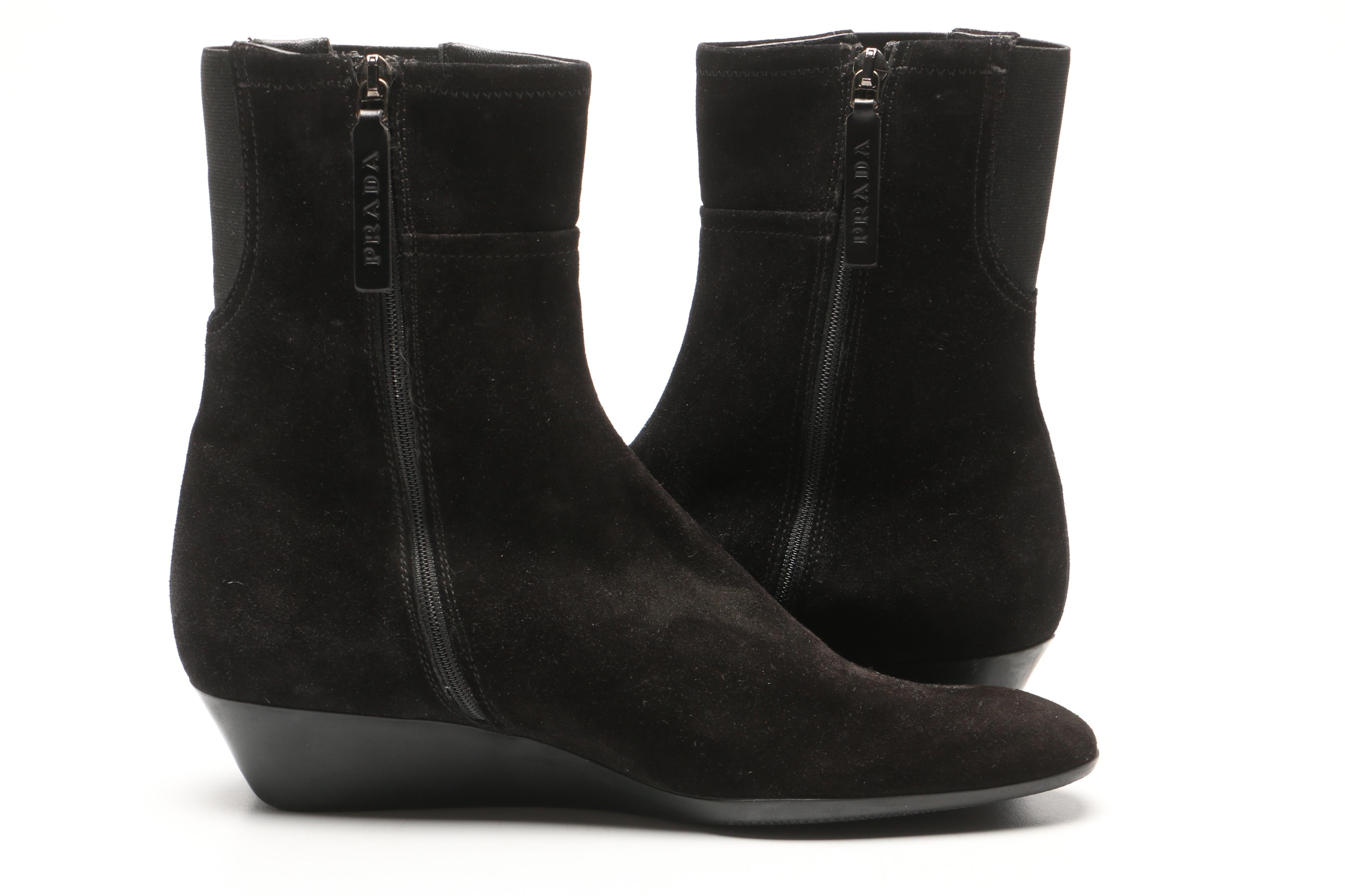 Prada Black Suede Wedge Boots, Made in Italy