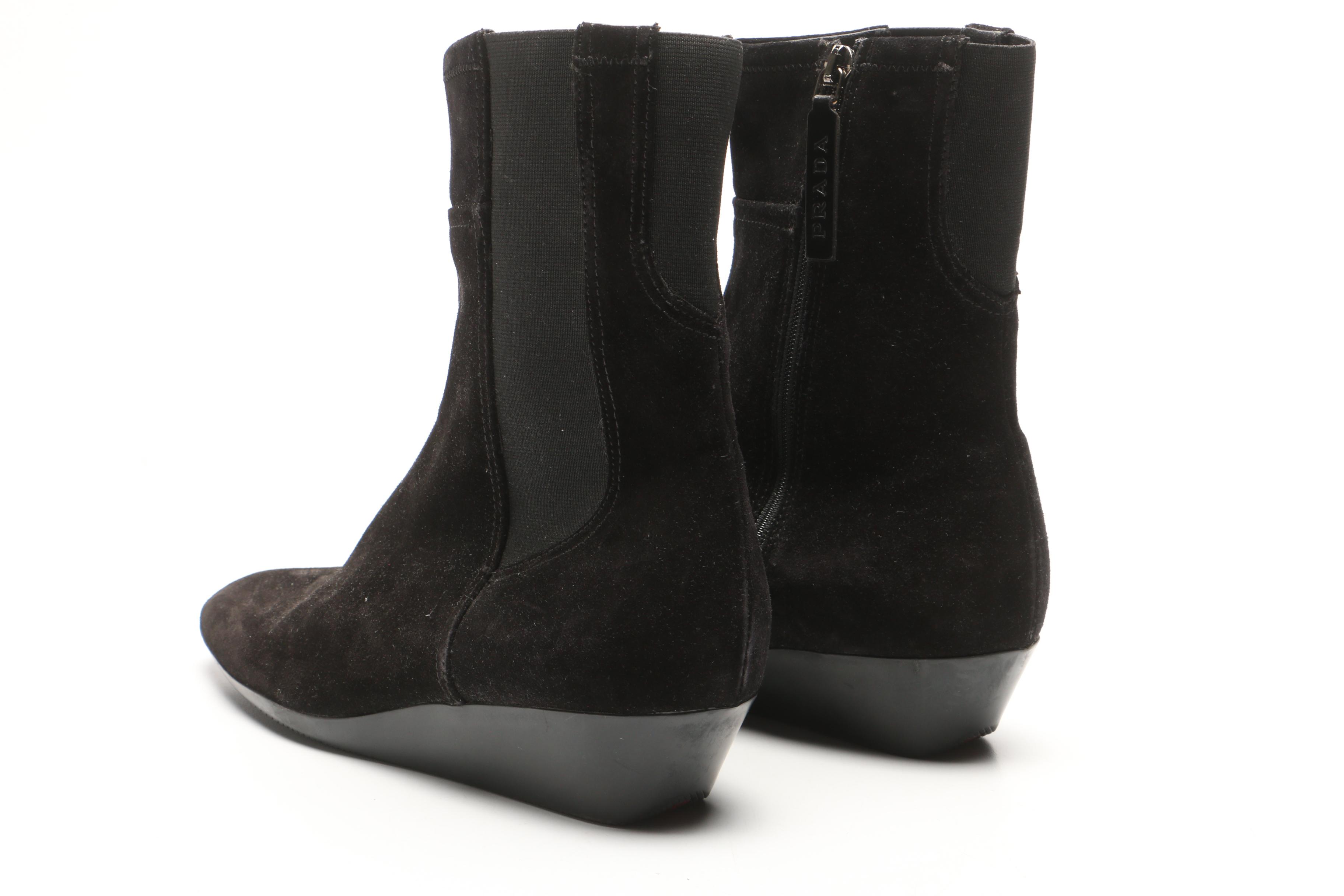 Prada Black Suede Wedge Boots, Made in Italy