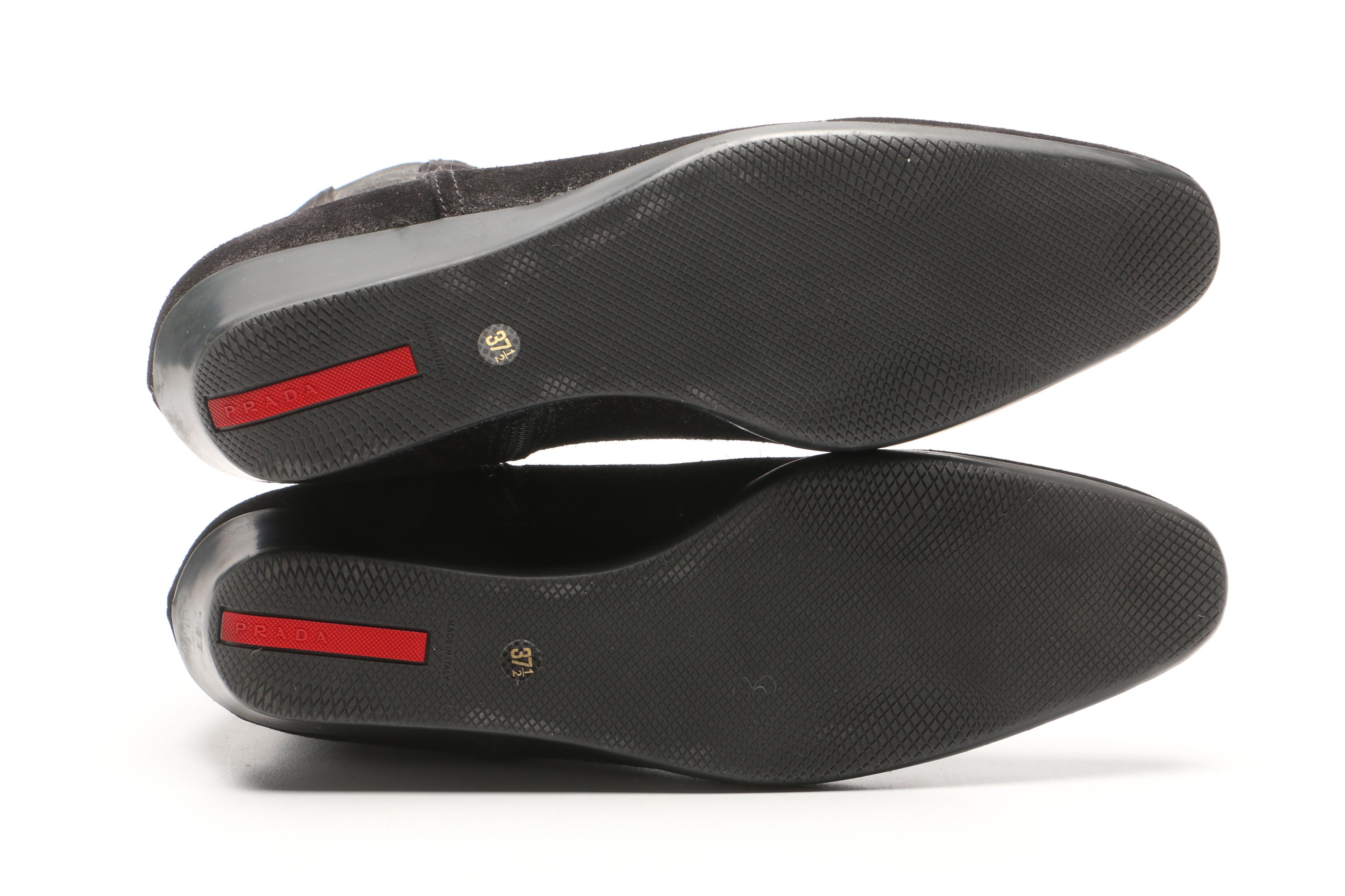 Prada Black Suede Wedge Boots, Made in Italy