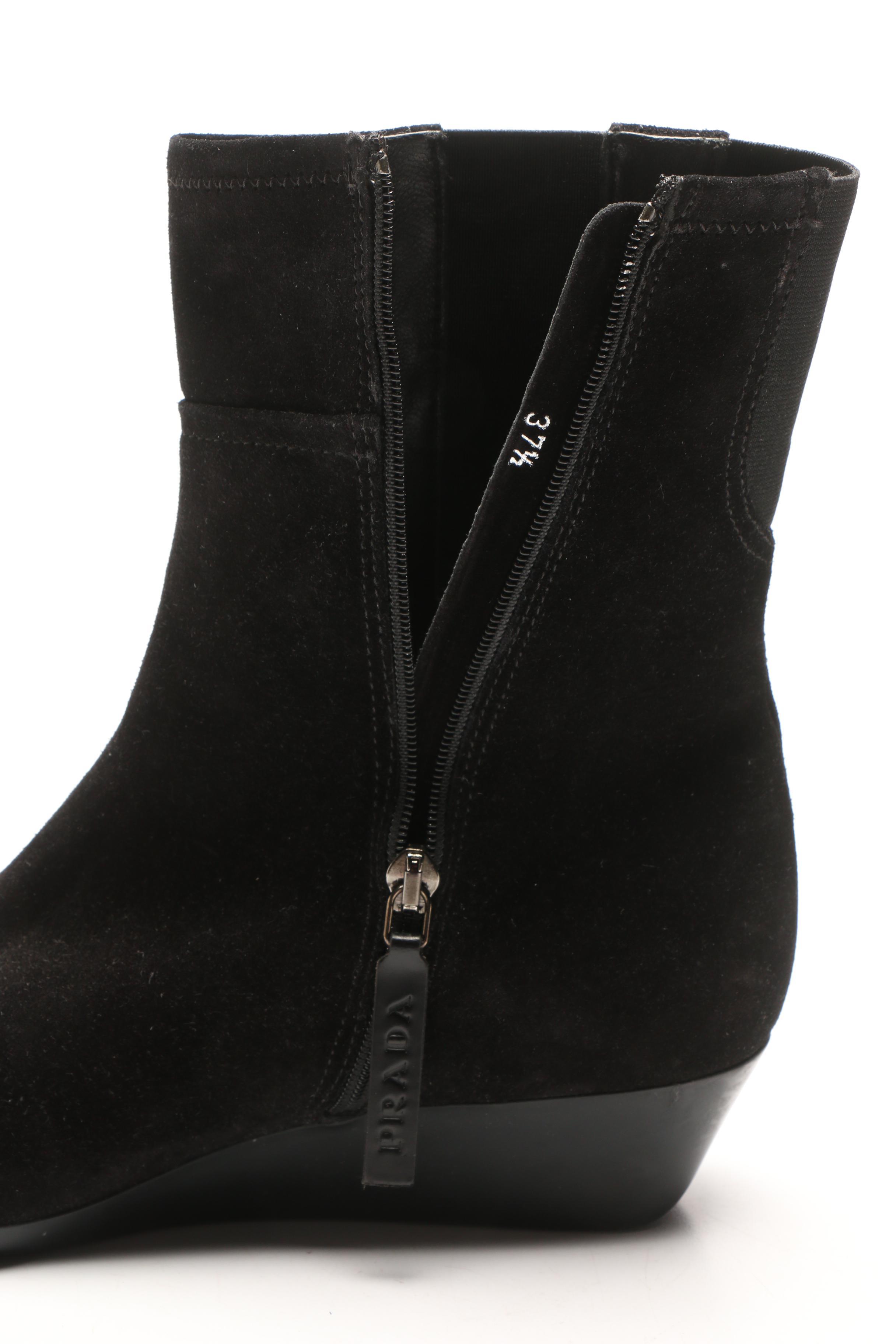 Prada Black Suede Wedge Boots, Made in Italy