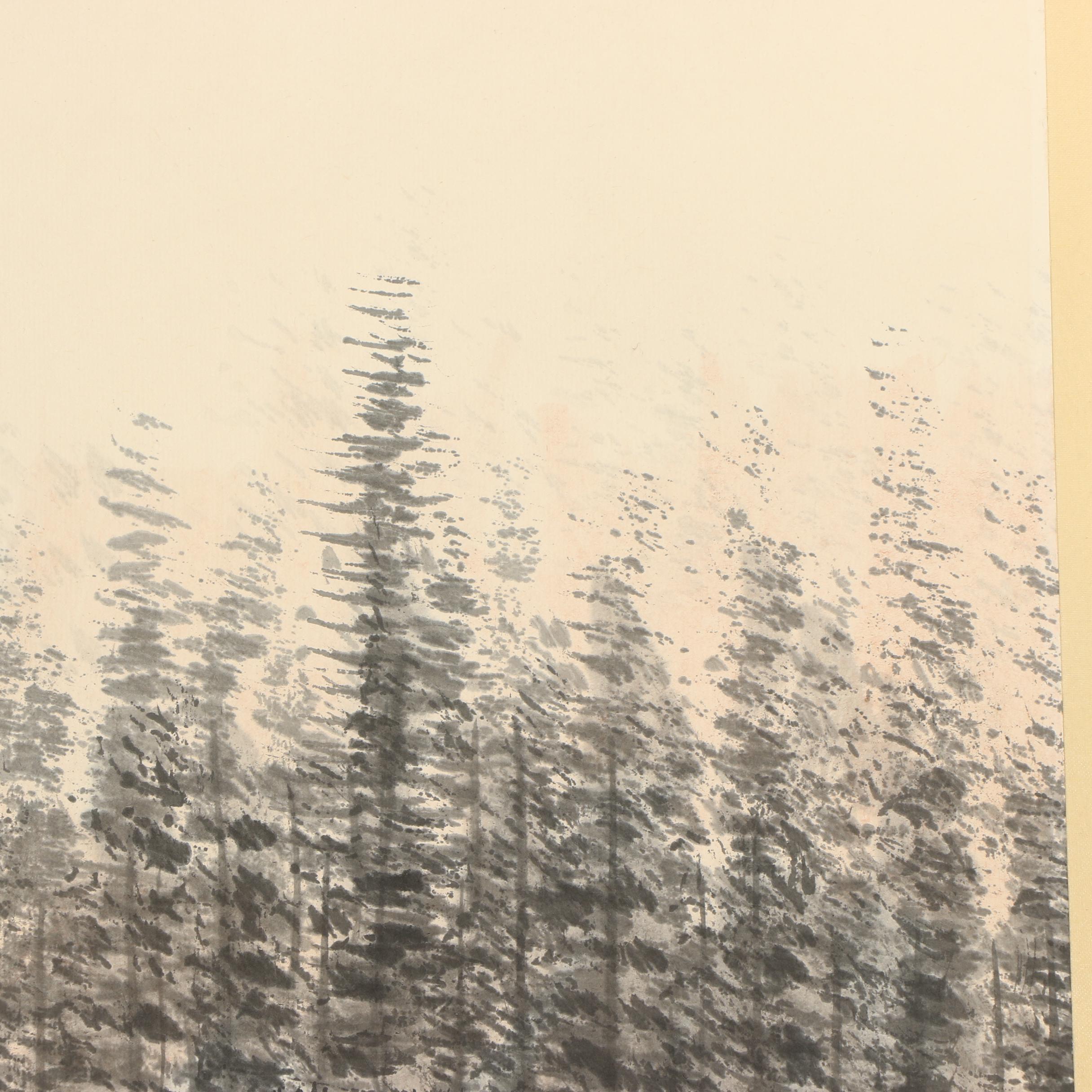 Li Xiongcai Ink and Gouache Hanging Scroll "Rain at Dongting Lake"