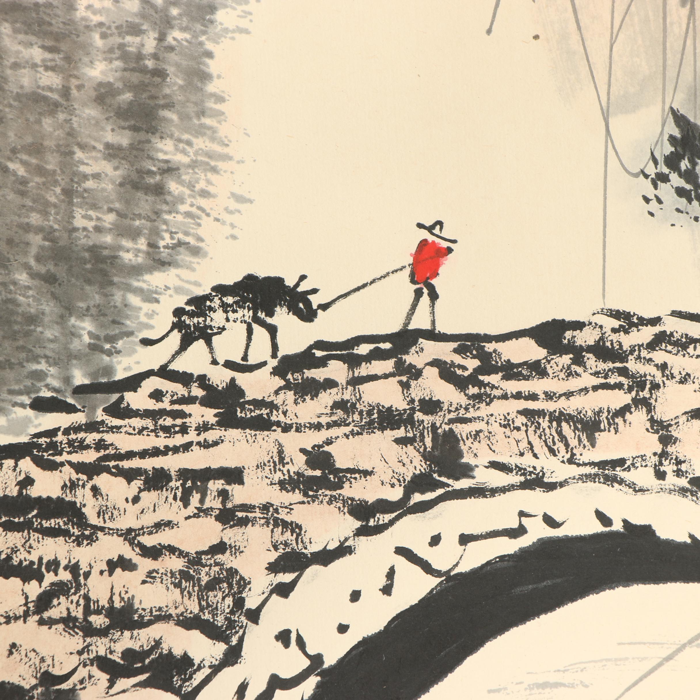 Li Xiongcai Ink and Gouache Hanging Scroll "Rain at Dongting Lake"