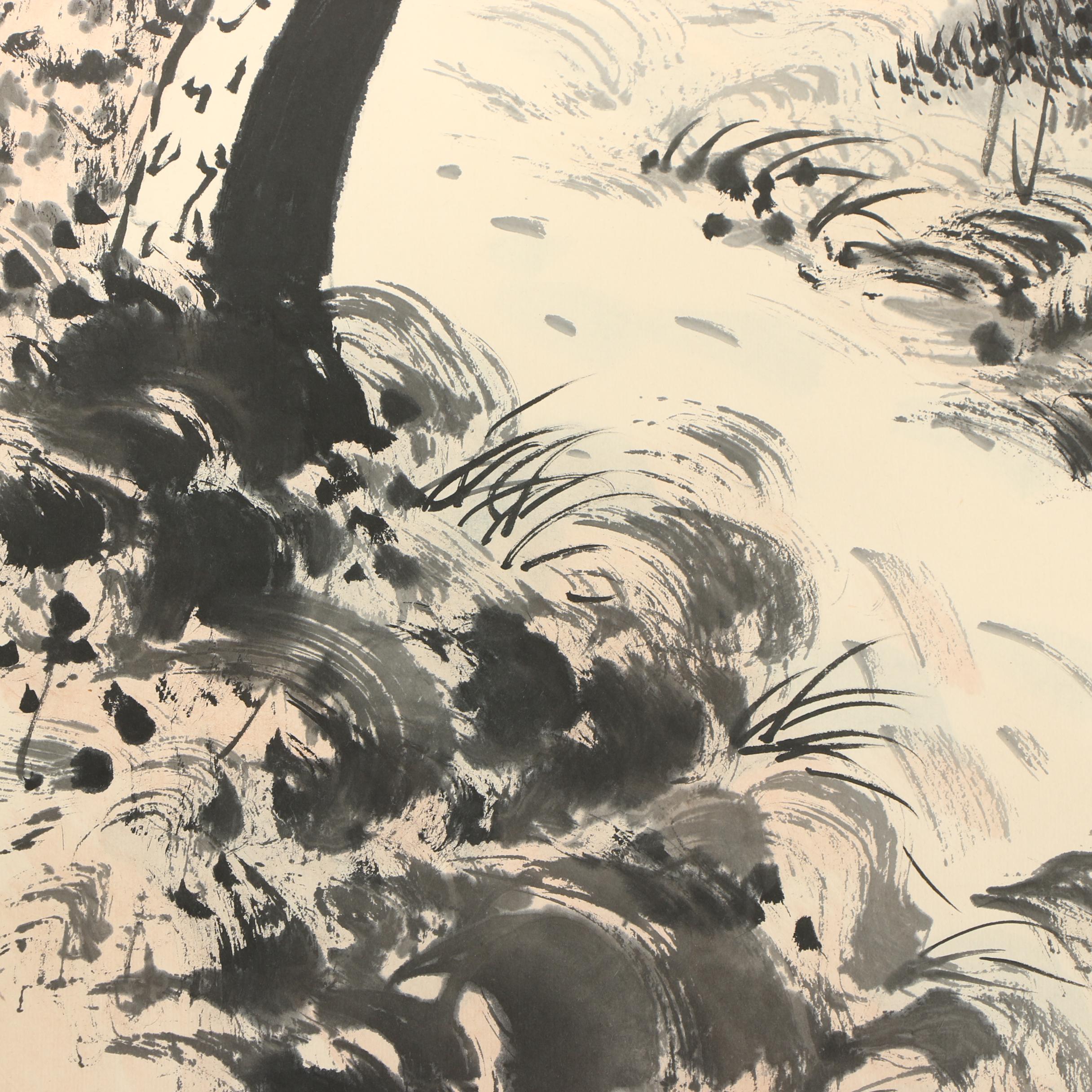 Li Xiongcai Ink and Gouache Hanging Scroll "Rain at Dongting Lake"