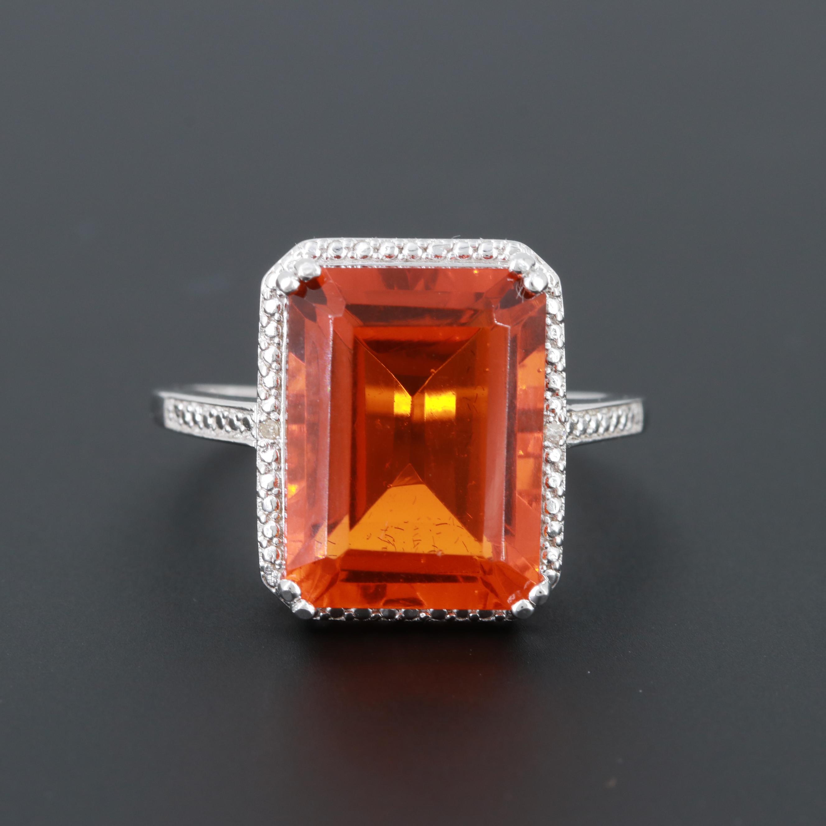 Sterling Silver Glass and Diamond Ring