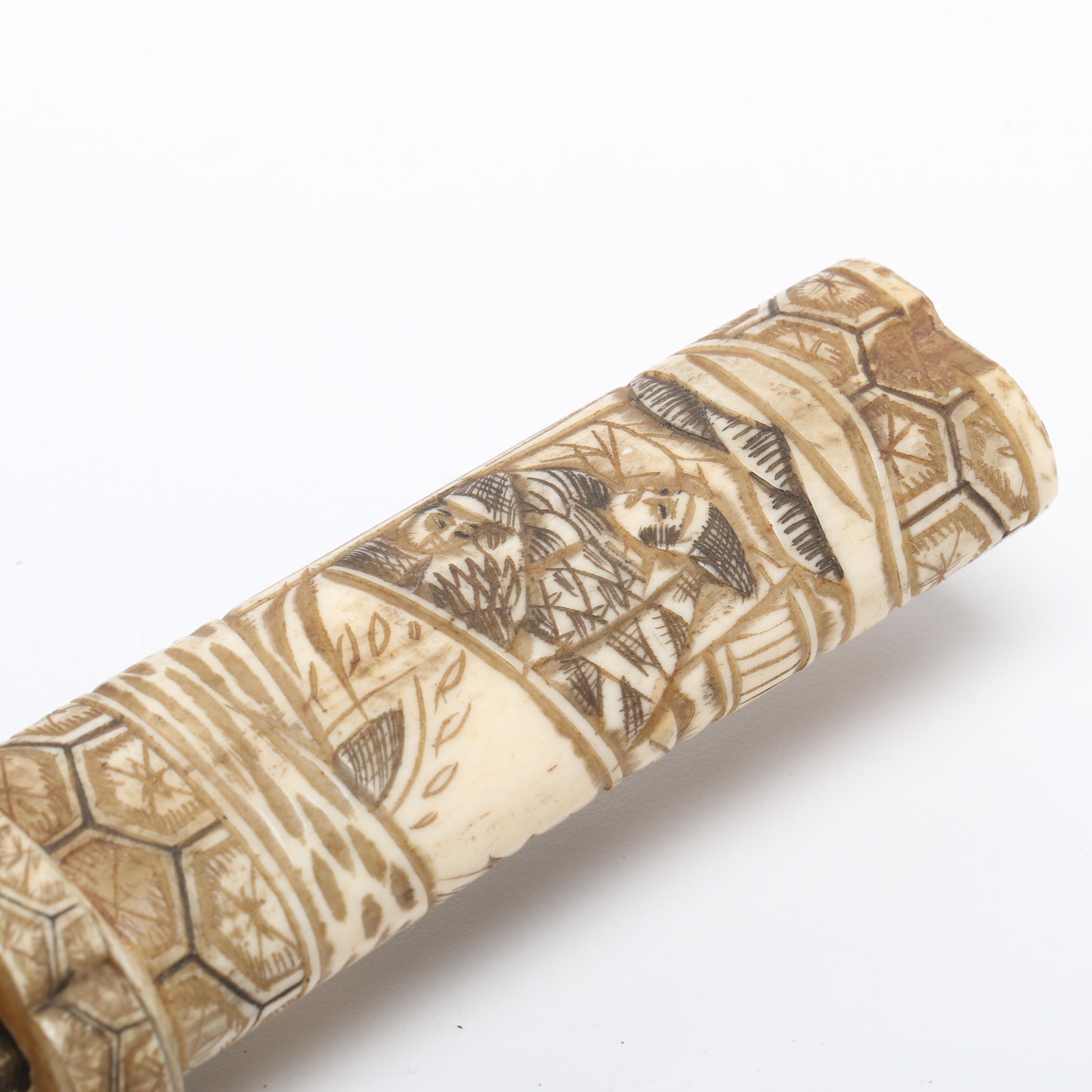 Japanese Fixed Blade Long Knife with Carved Bone Handle and Sheath