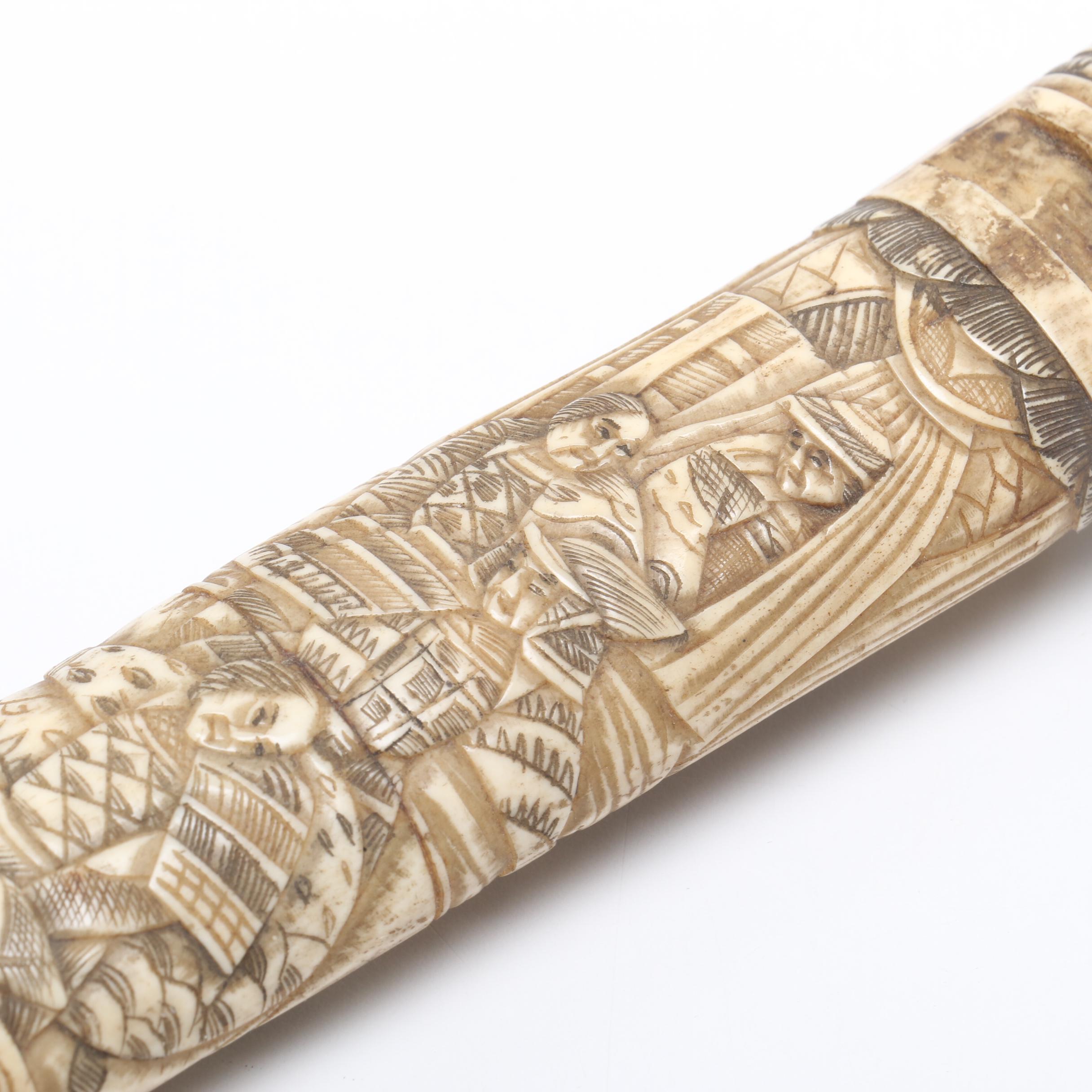 Japanese Fixed Blade Long Knife with Carved Bone Handle and Sheath