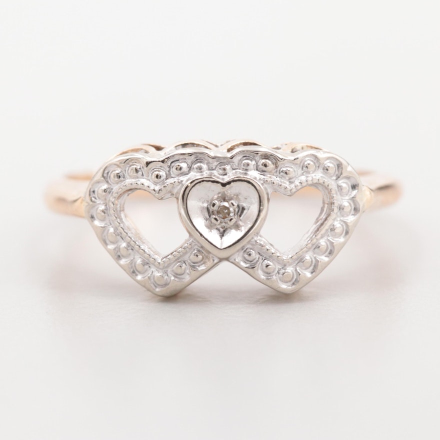 14K Yellow and White Gold Diamond Double Heart Ring
