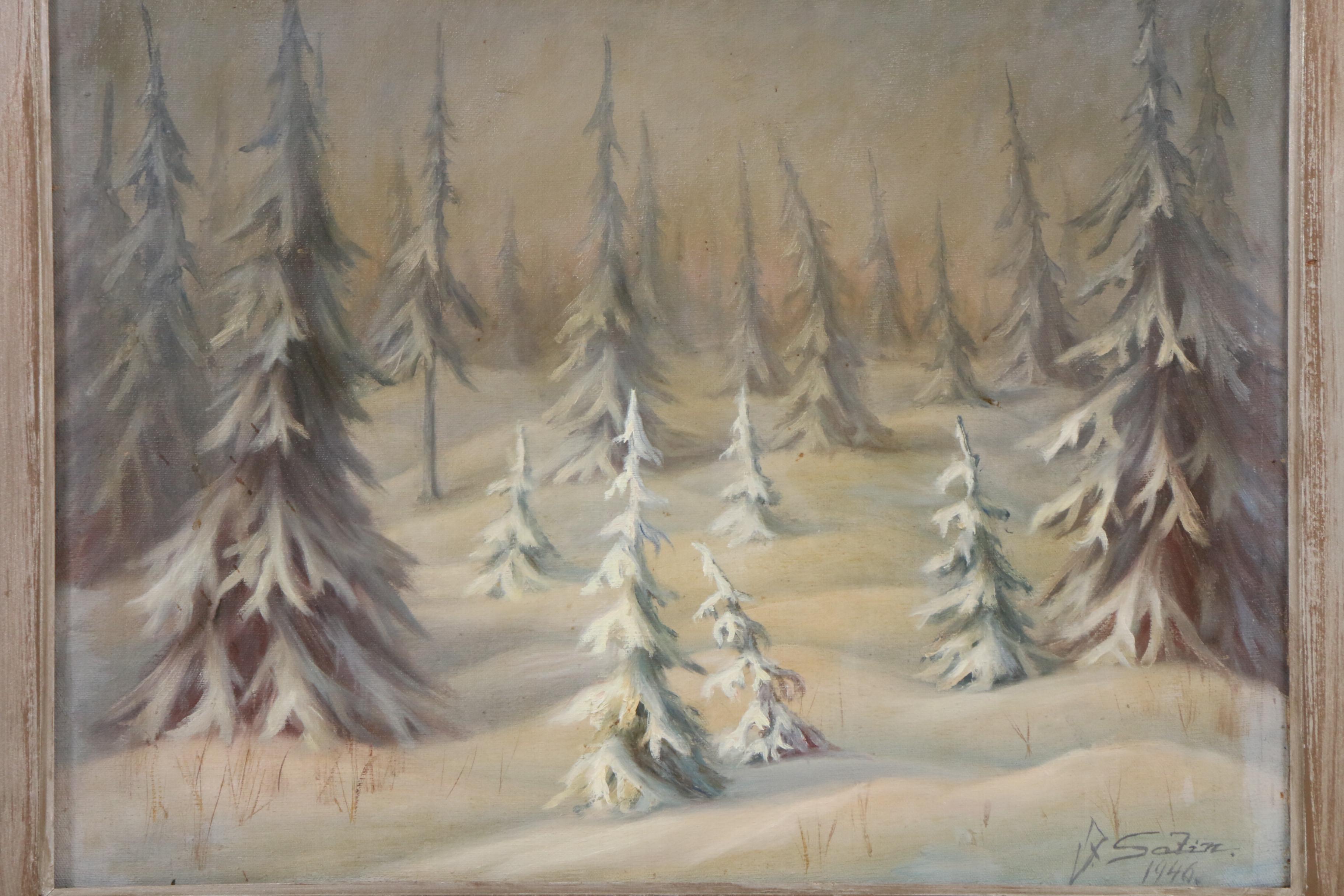 Mid Century Safin Oil Painting of Pines in Winter