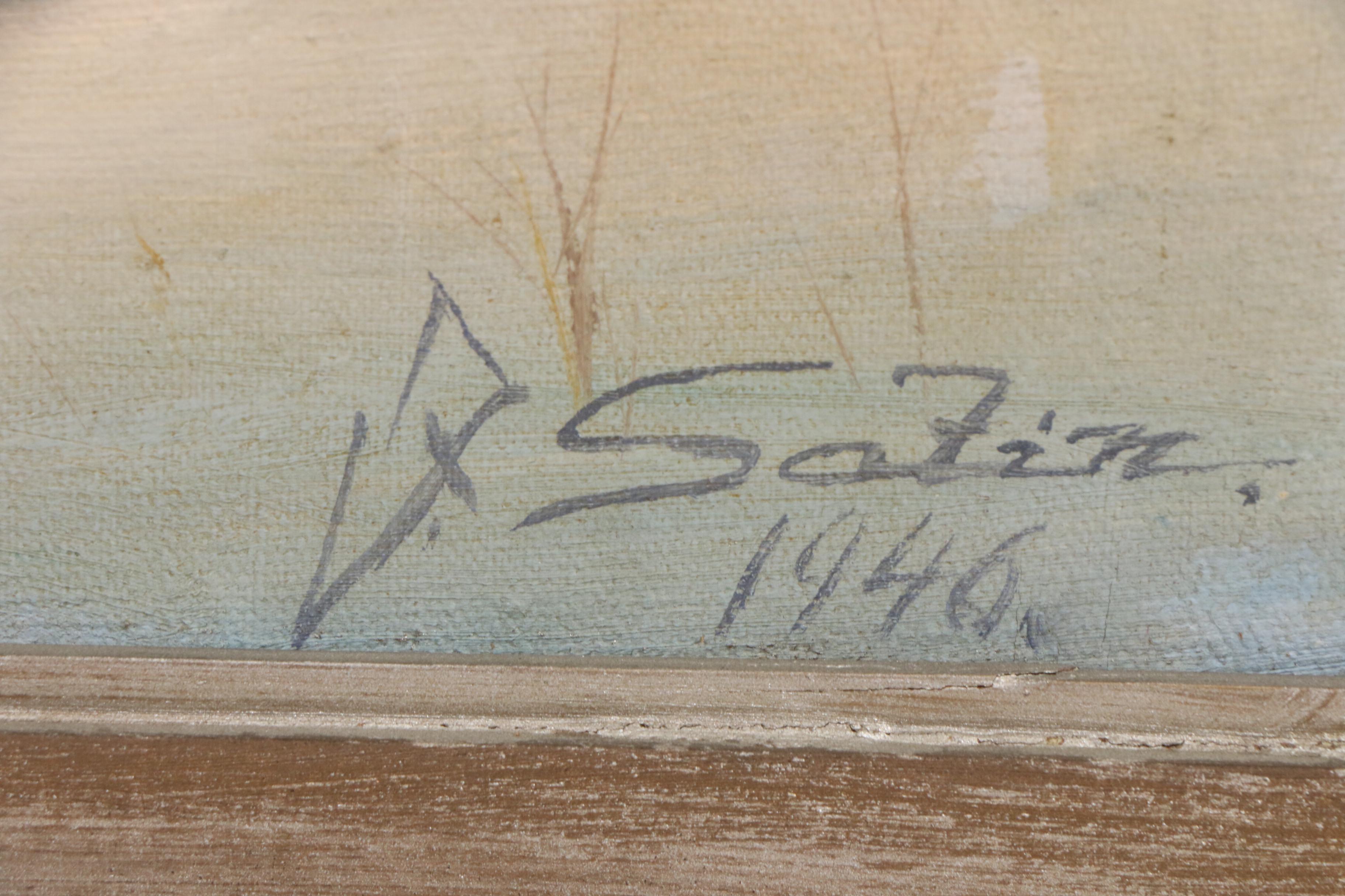 Mid Century Safin Oil Painting of Pines in Winter