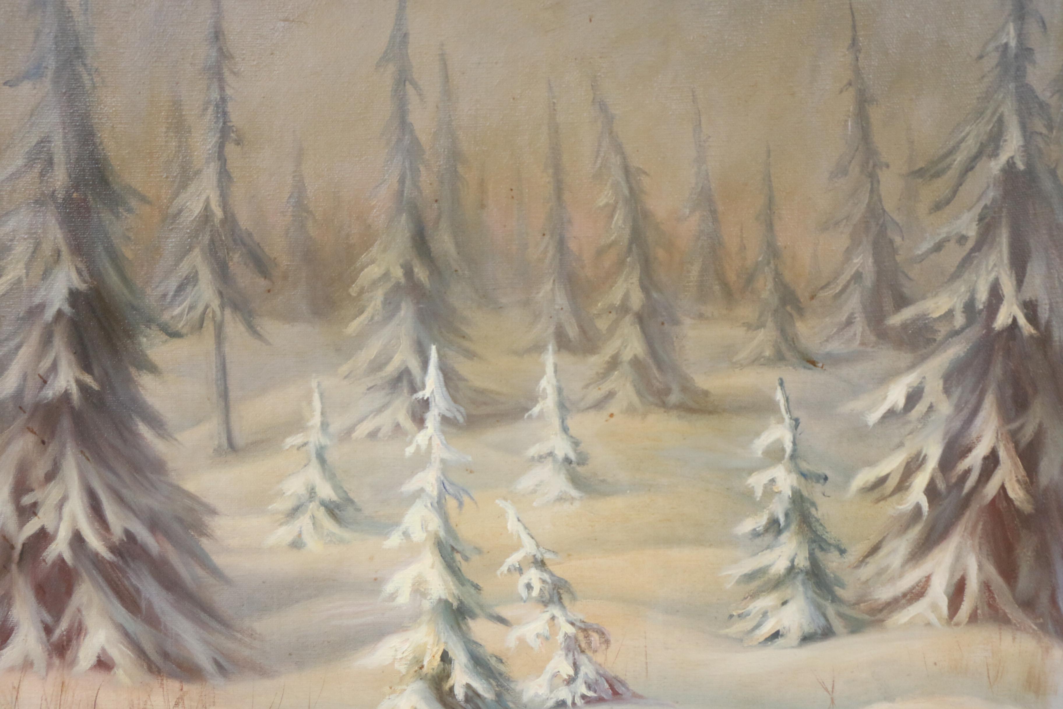 Mid Century Safin Oil Painting of Pines in Winter