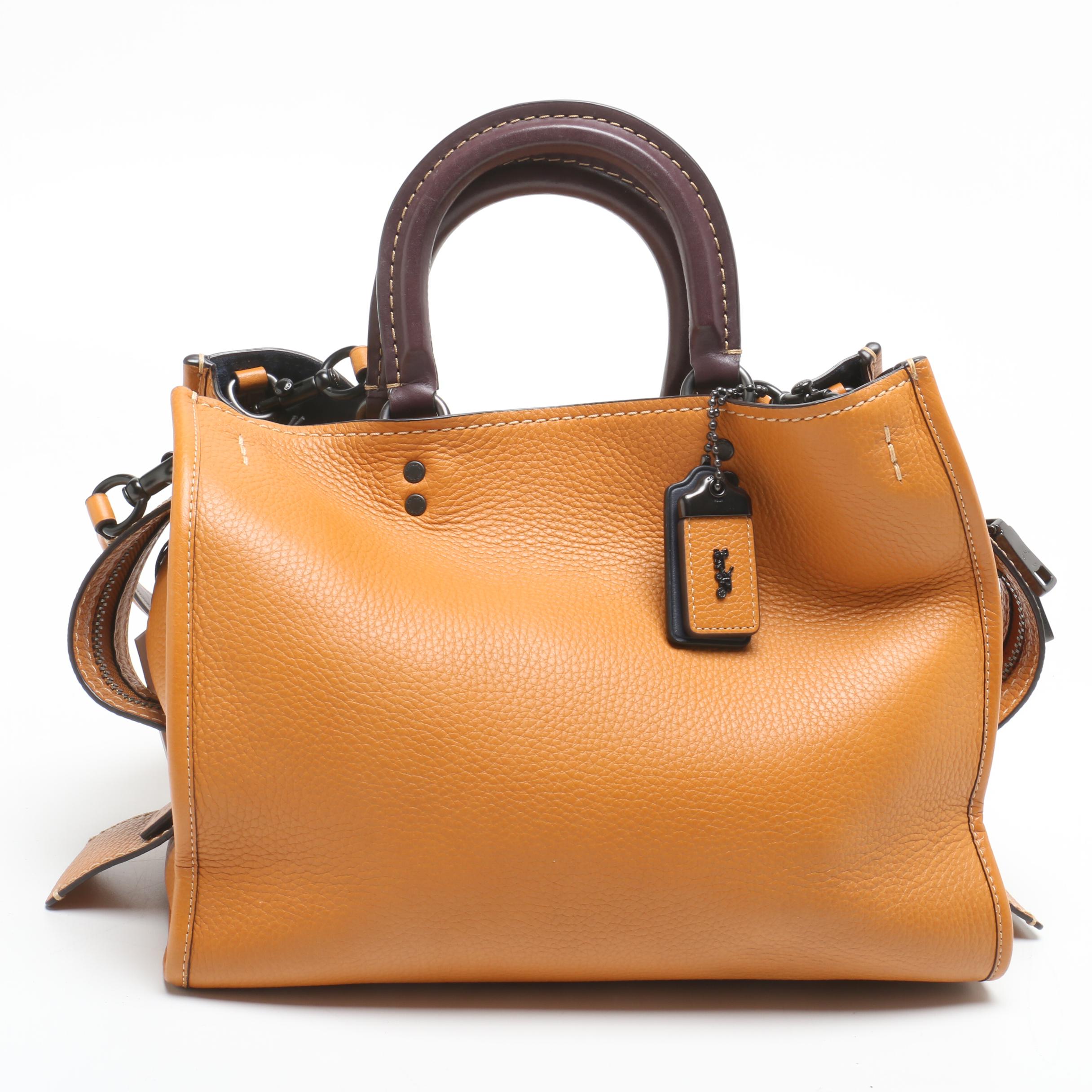 Coach Rogue Butterscotch Pebbled Leather Satchel with Dark Plum