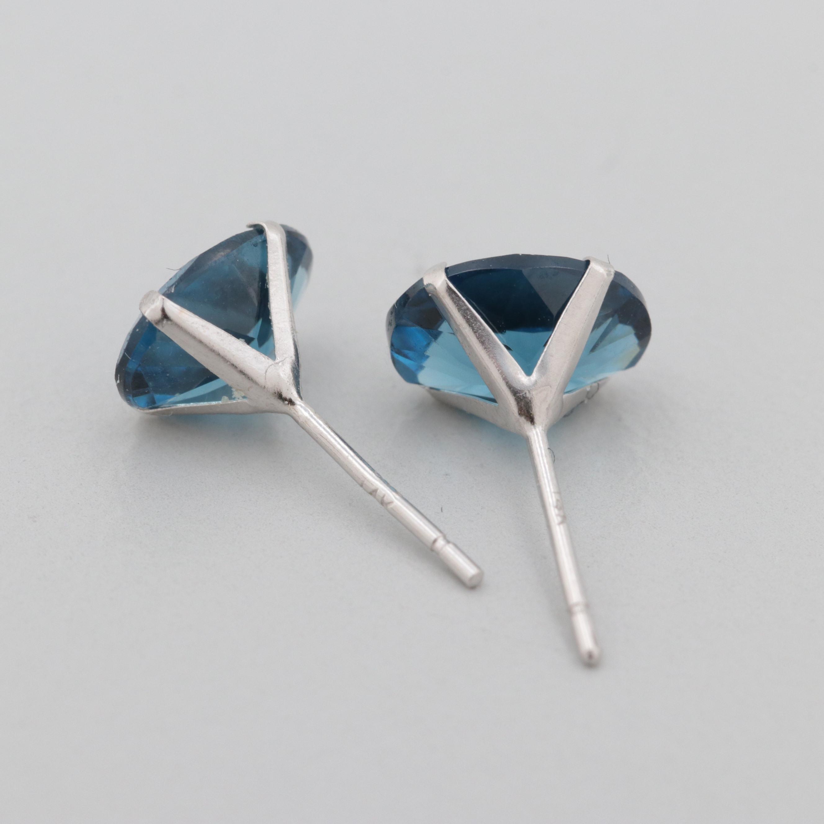 10K and 14K White Gold Blue Glass Stud Earrings