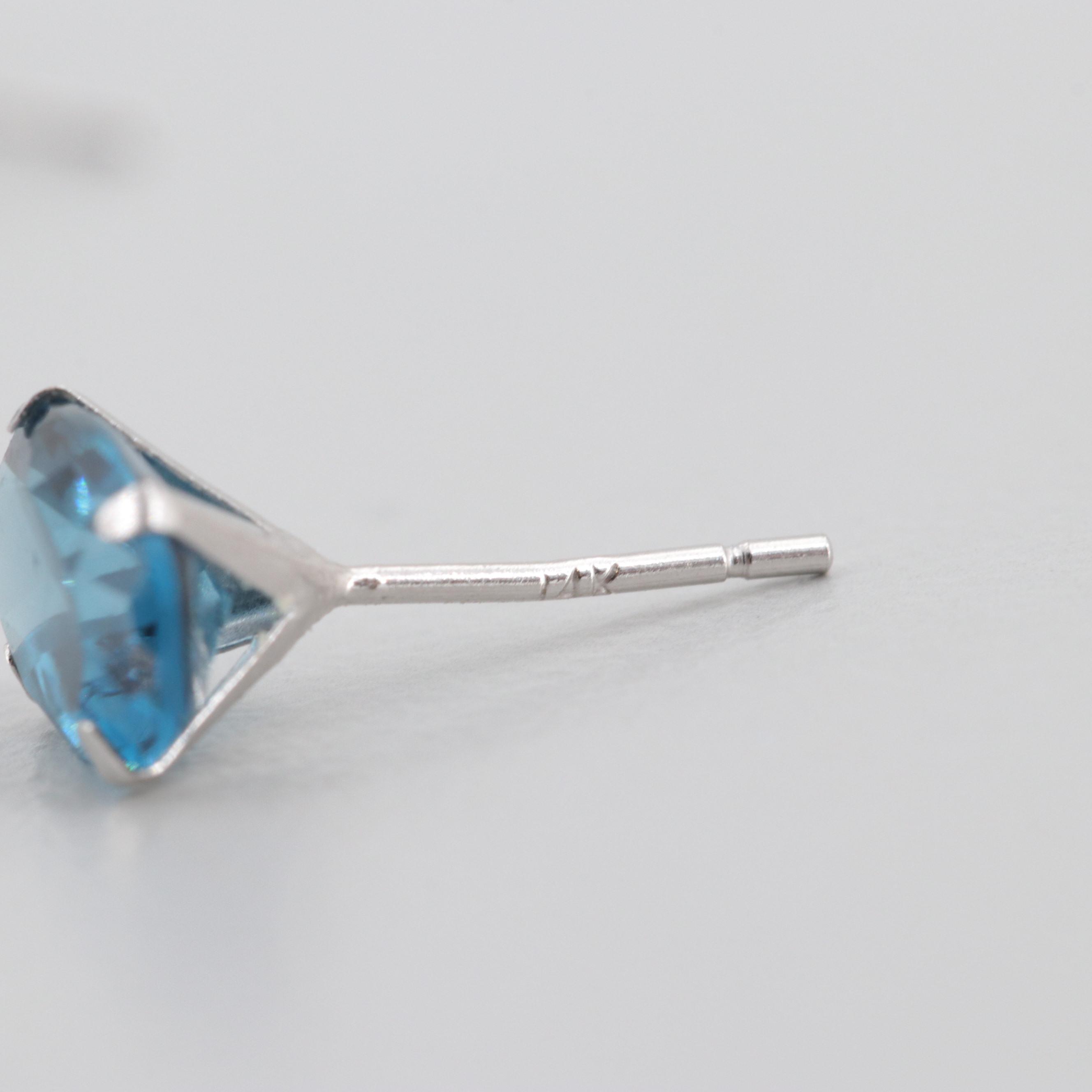 10K and 14K White Gold Blue Glass Stud Earrings