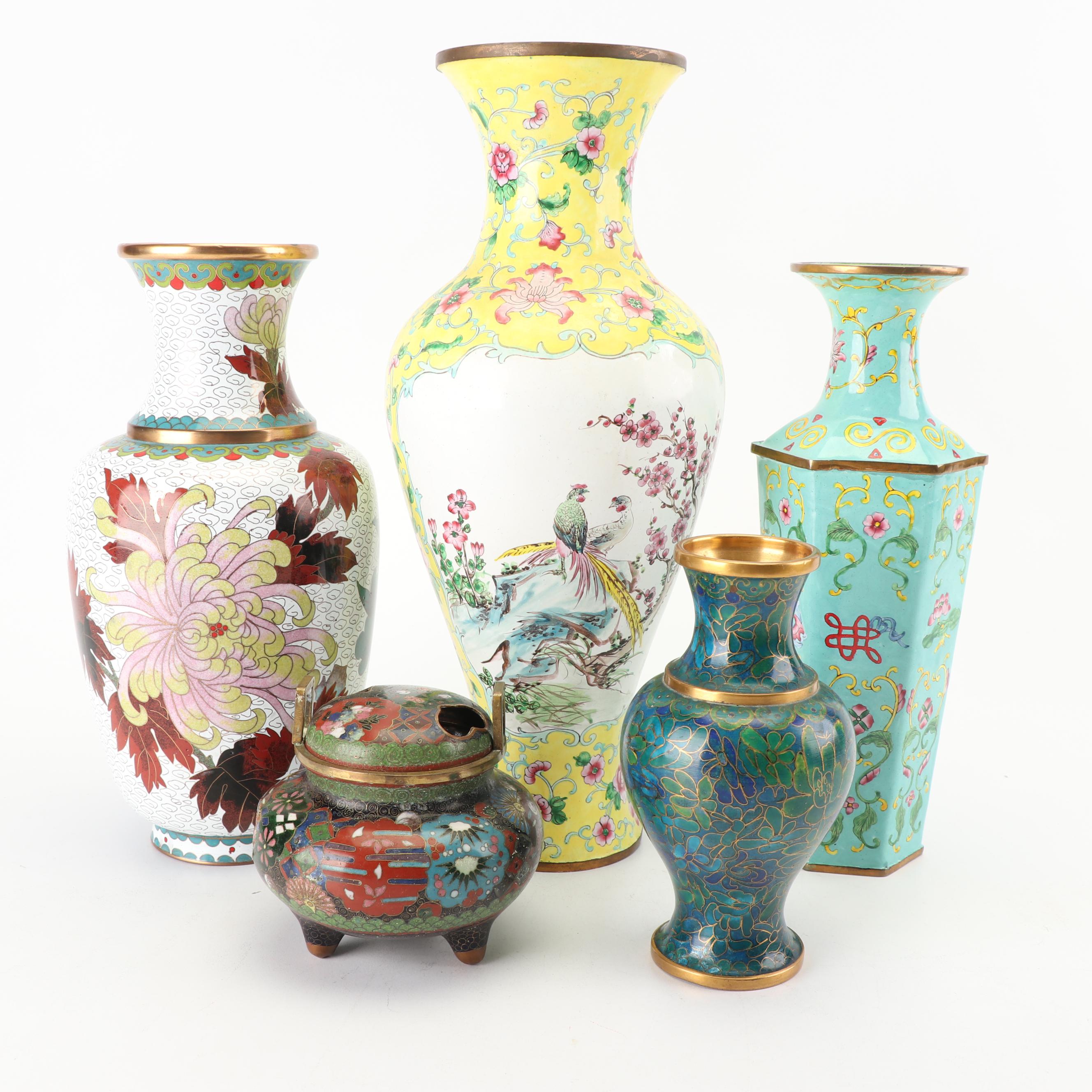 Chinese Cloisonné and Enameled Vases and Censer, 20th Century
