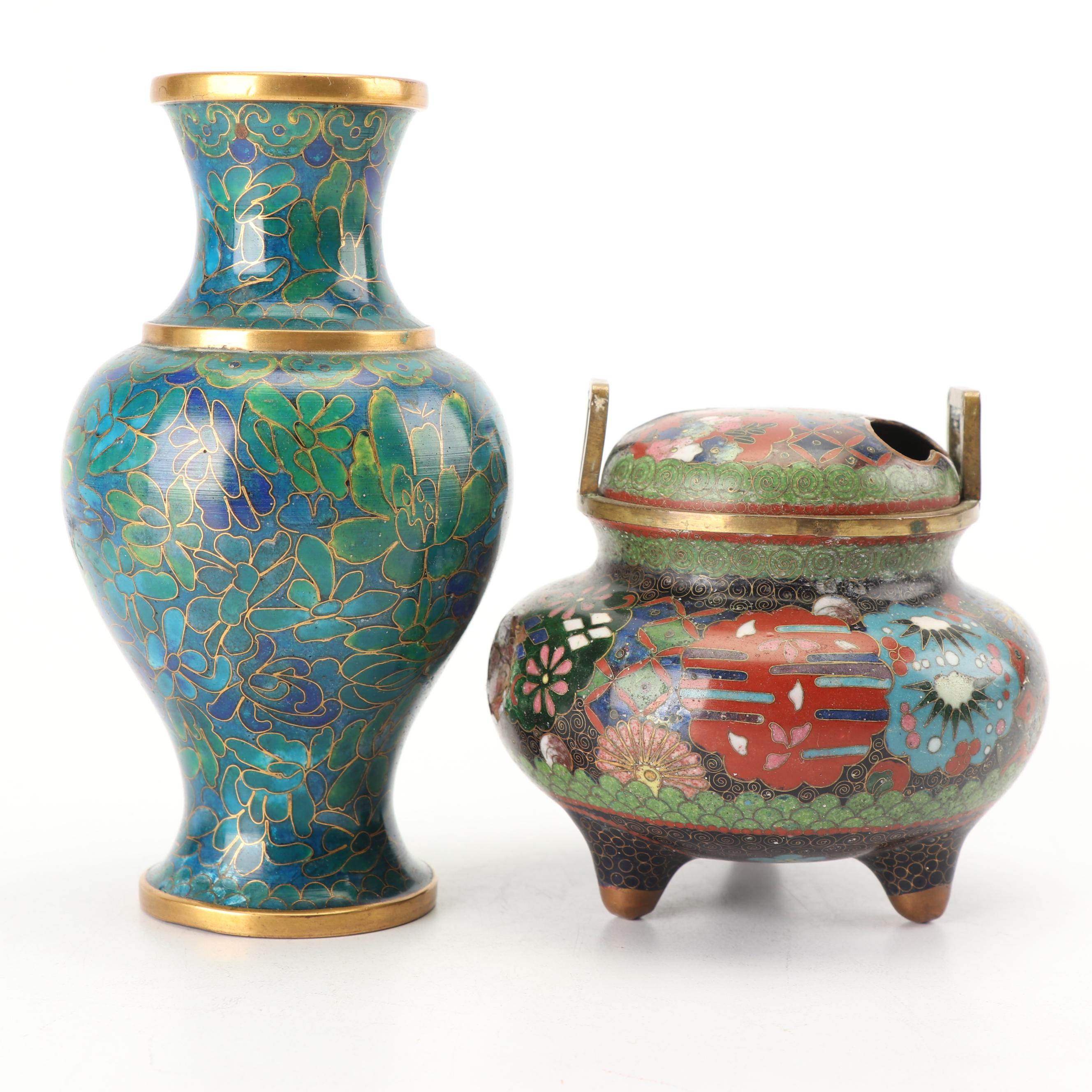 Chinese Cloisonné and Enameled Vases and Censer, 20th Century