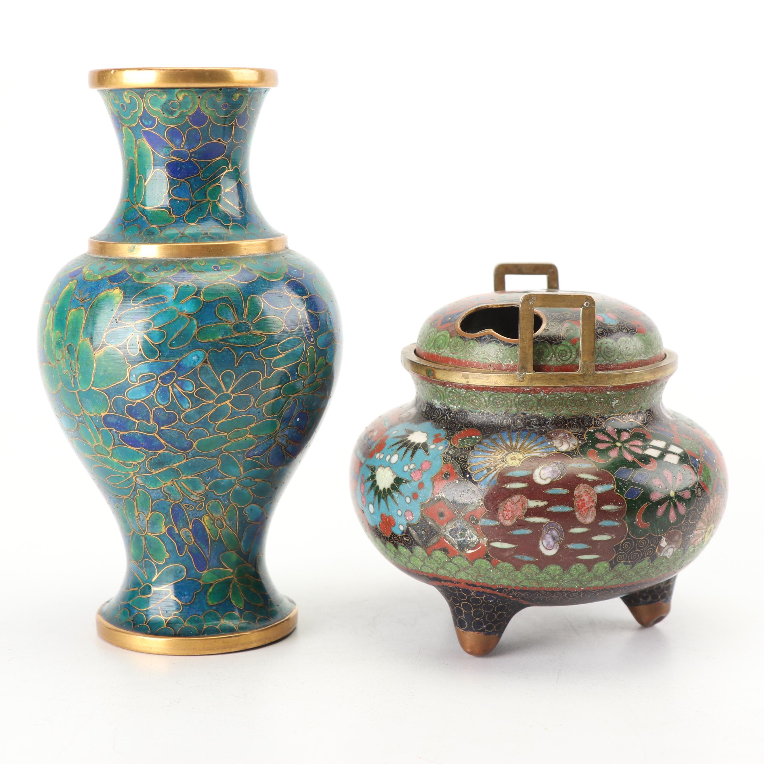 Chinese Cloisonné and Enameled Vases and Censer, 20th Century