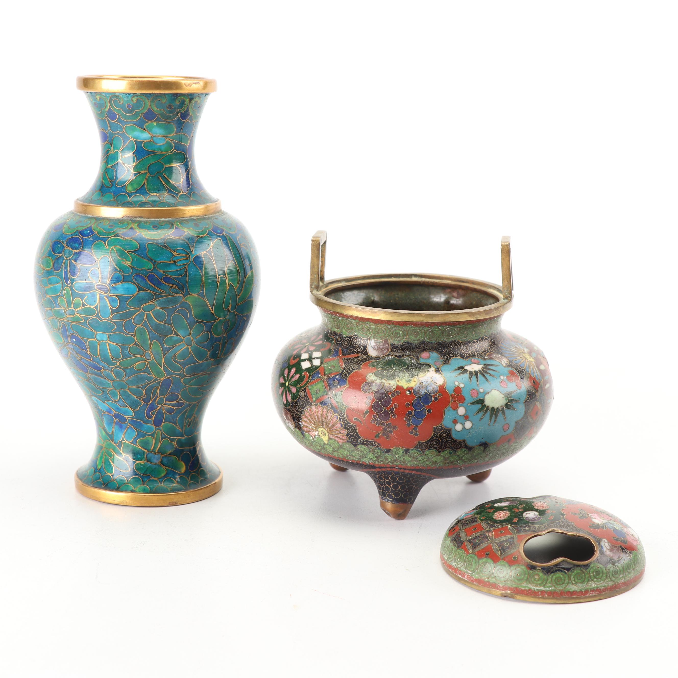 Chinese Cloisonné and Enameled Vases and Censer, 20th Century