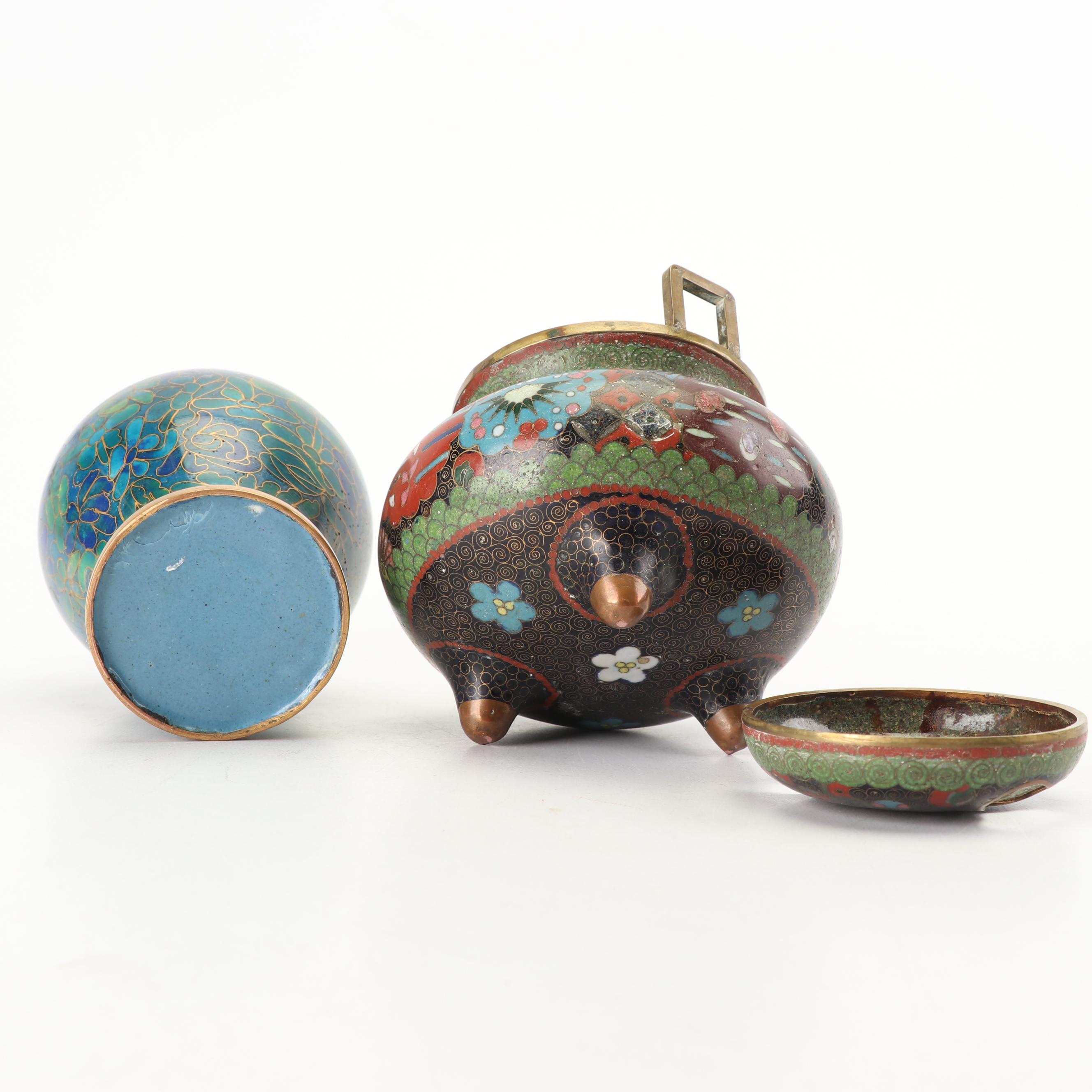 Chinese Cloisonné and Enameled Vases and Censer, 20th Century