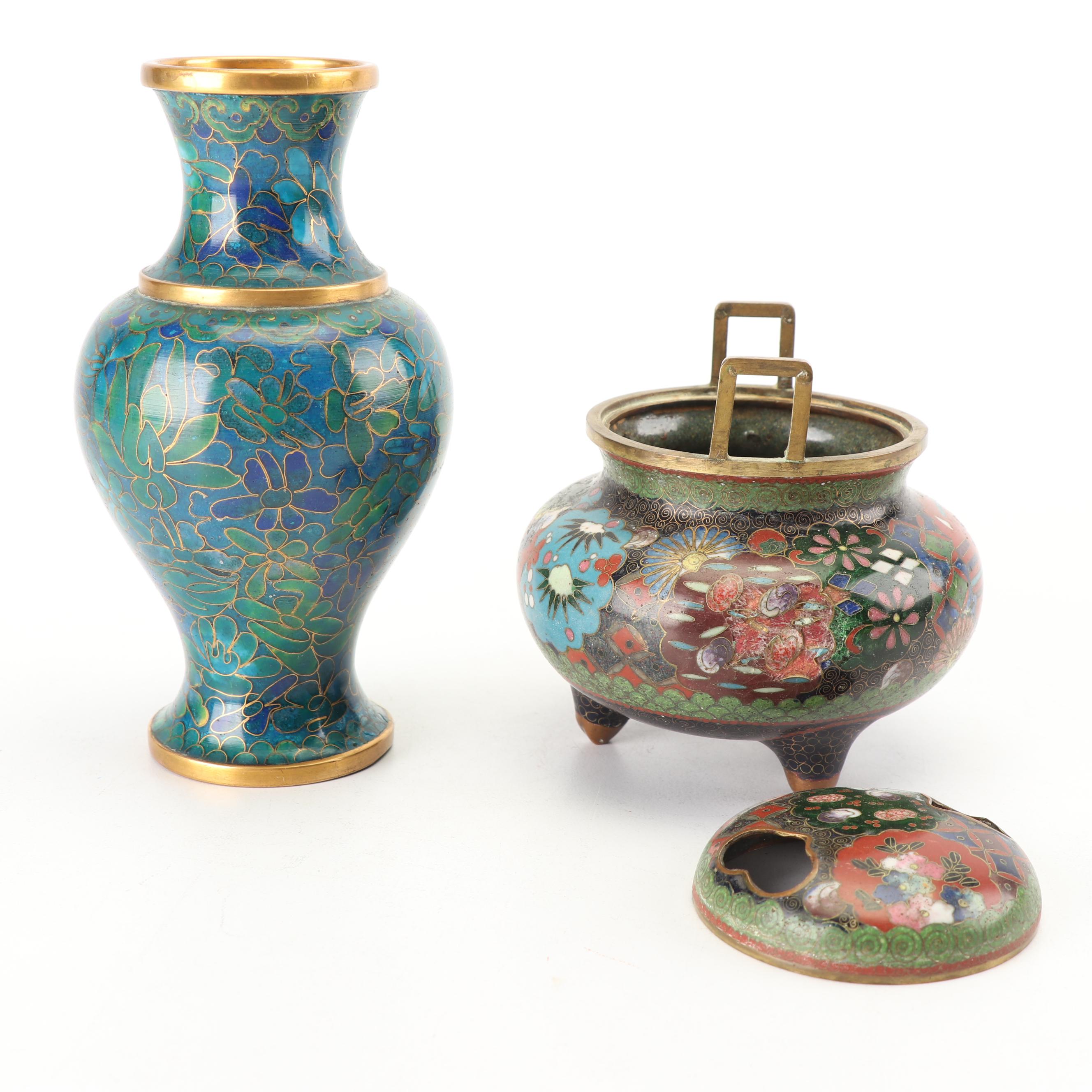 Chinese Cloisonné and Enameled Vases and Censer, 20th Century