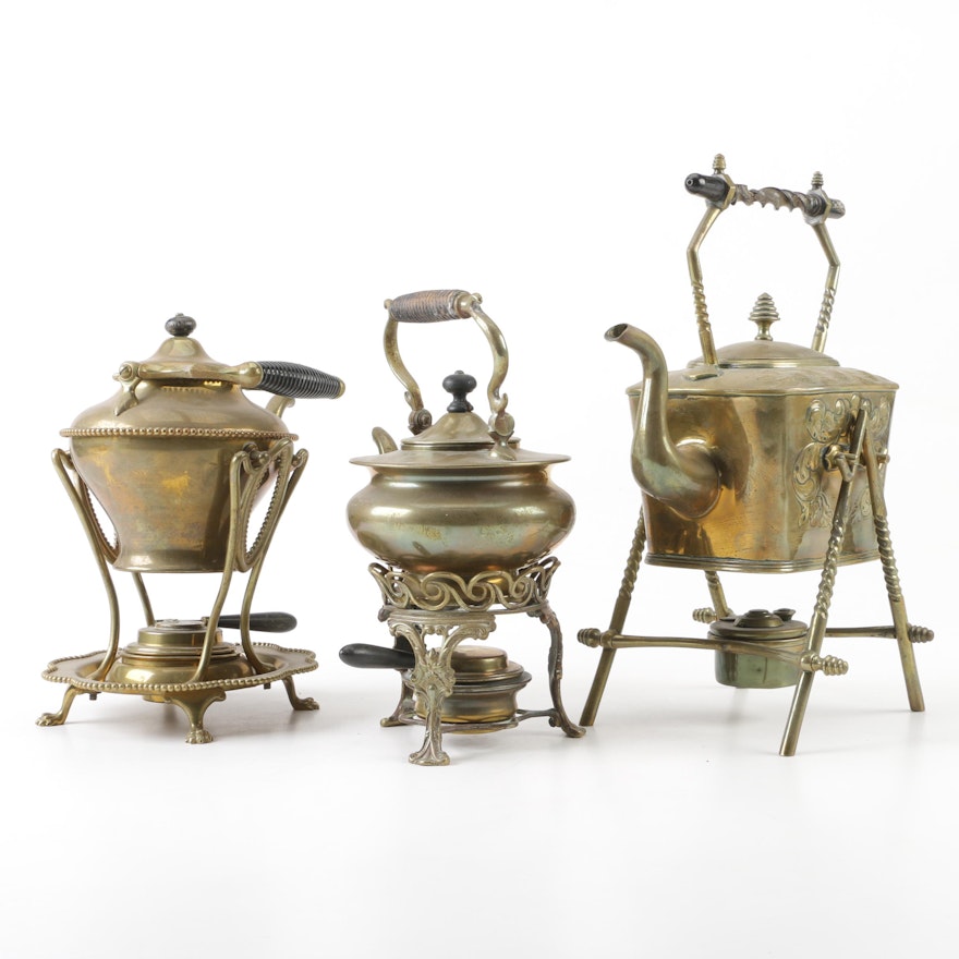 Brass Teapots with Warming Stands, Late 19th Century/ Early 20th Century