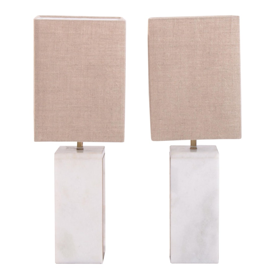 "Glam" Square Marble and Gold Tone Metal Table Lamps with Shades