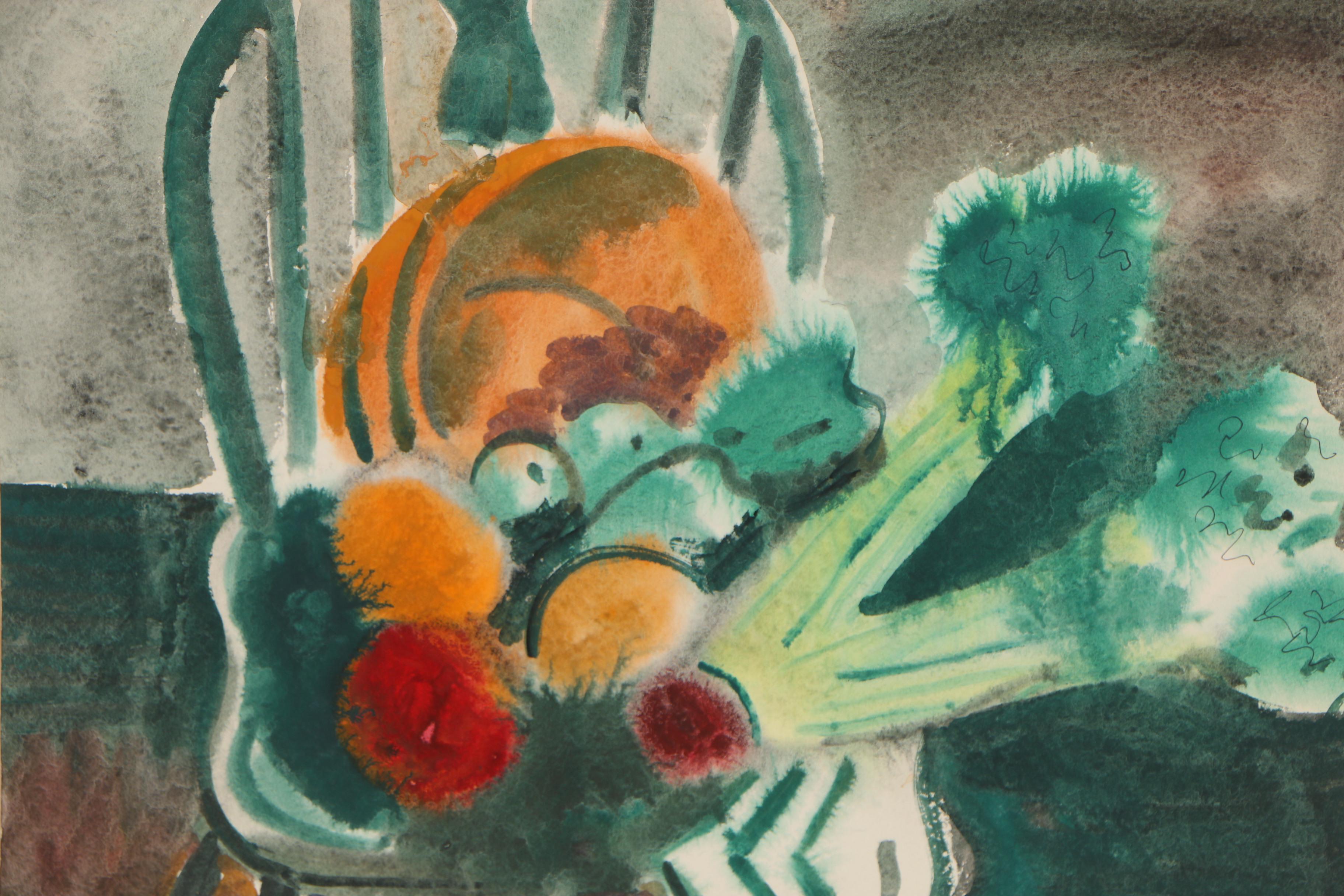 Esther Phillips 1950s Watercolor Folk Art Painting of Still Life