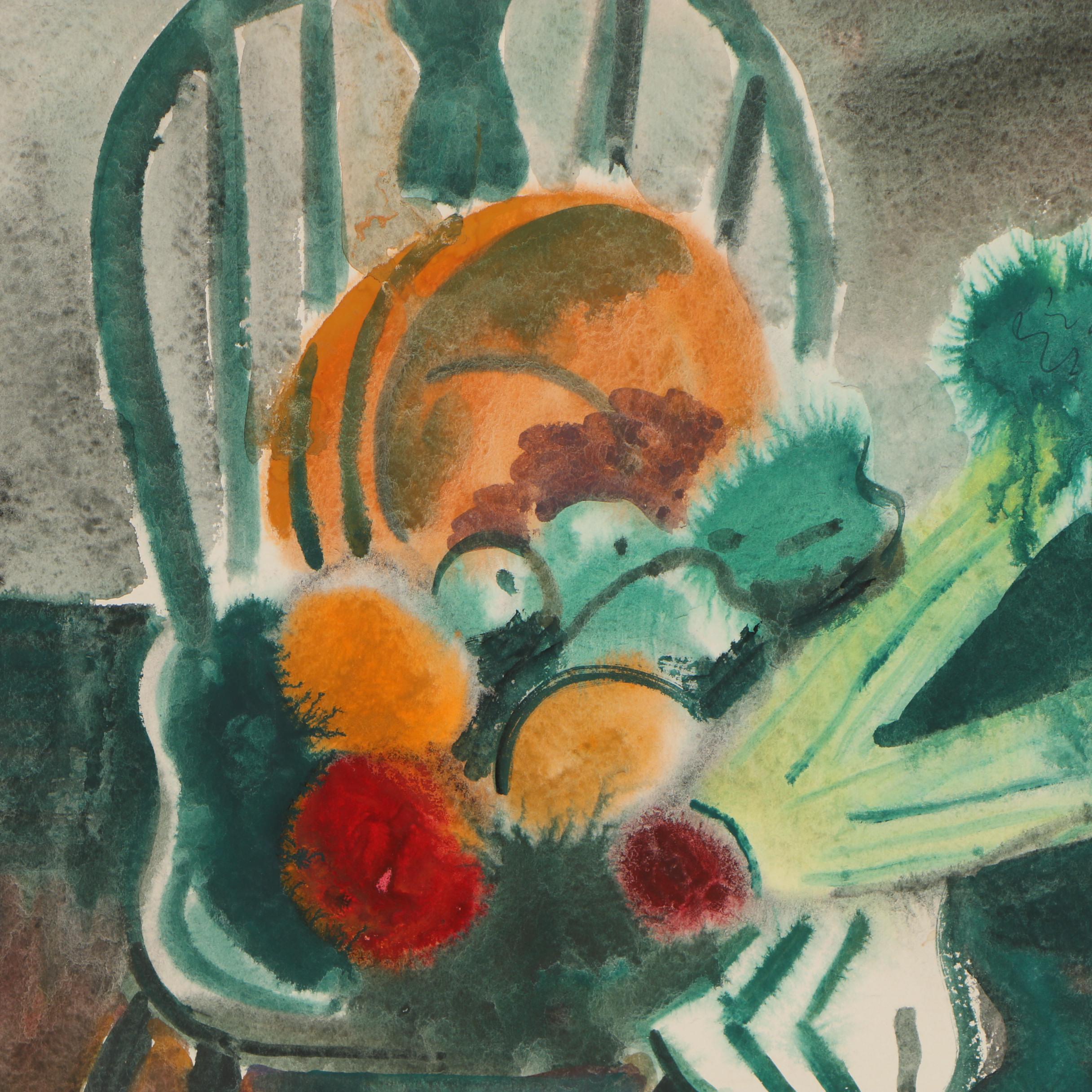 Esther Phillips 1950s Watercolor Folk Art Painting of Still Life