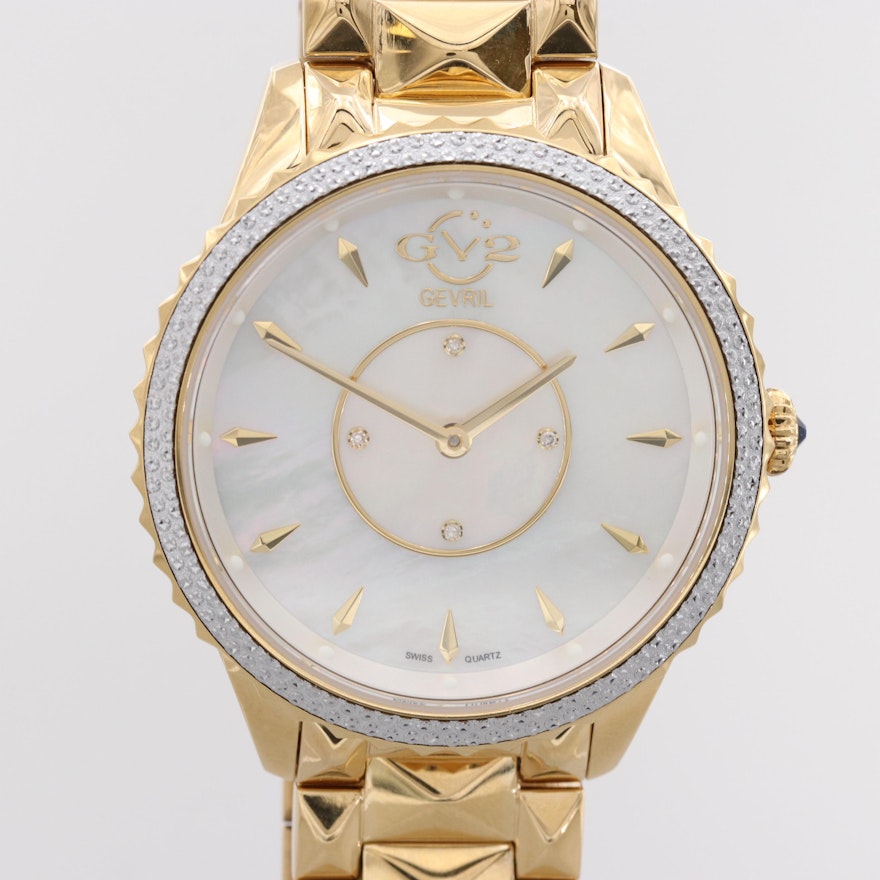 Gevril GV2 Siena Gold Tone Quartz Wristwatch With Mother of Pearl and Diamonds