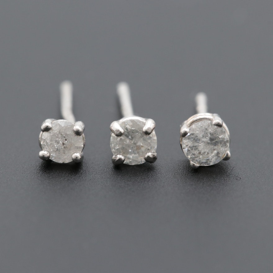 Sterling Silver and 10K White Gold Diamond Single Stud Earrings