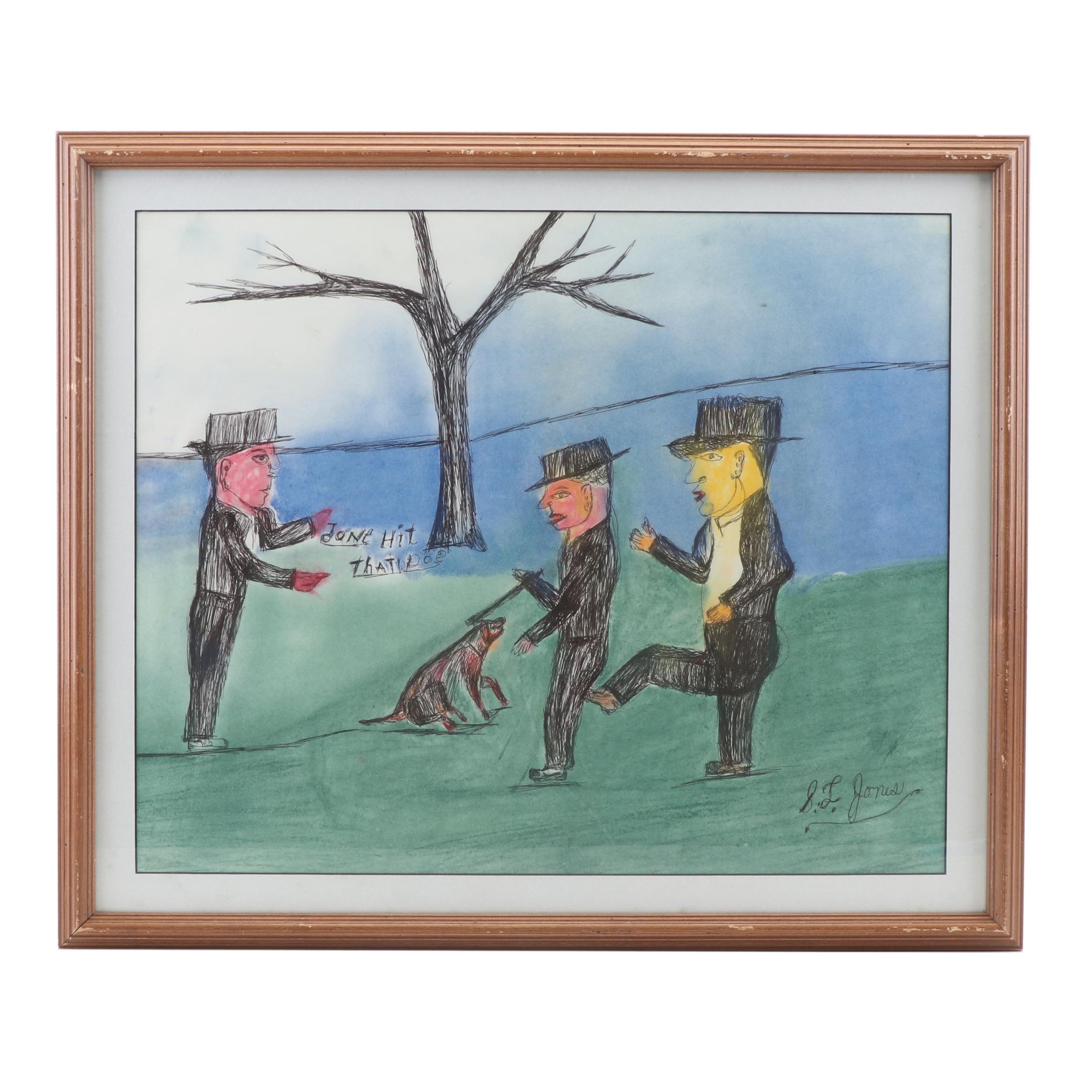 Shields Landon Jones Pen and Pastel Drawing