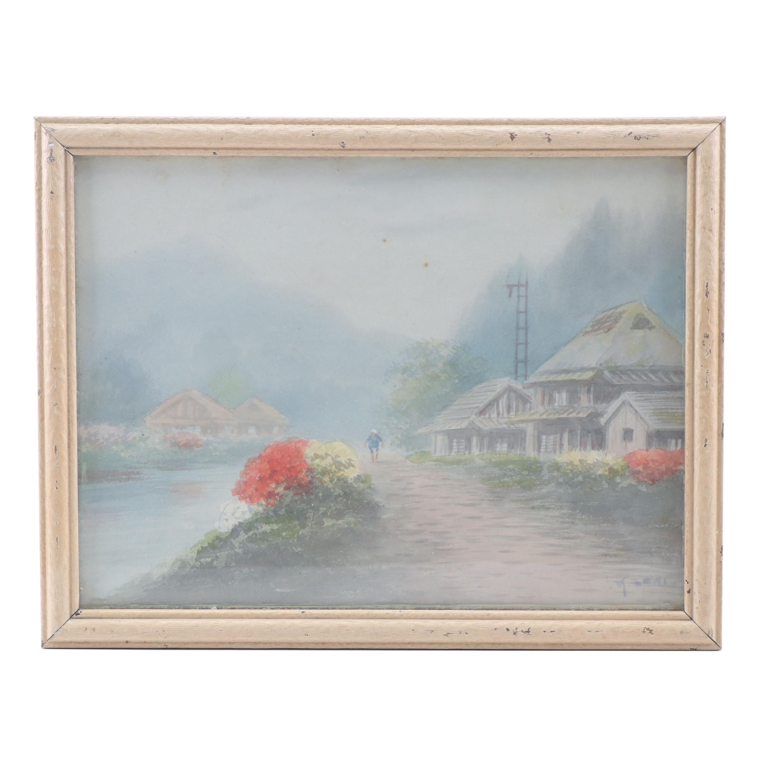 K. Seki Japanese Village Scene Watercolor Painting