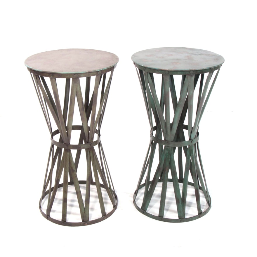 Pair of Industrial Style "Drum" Tole Metal Side Tables