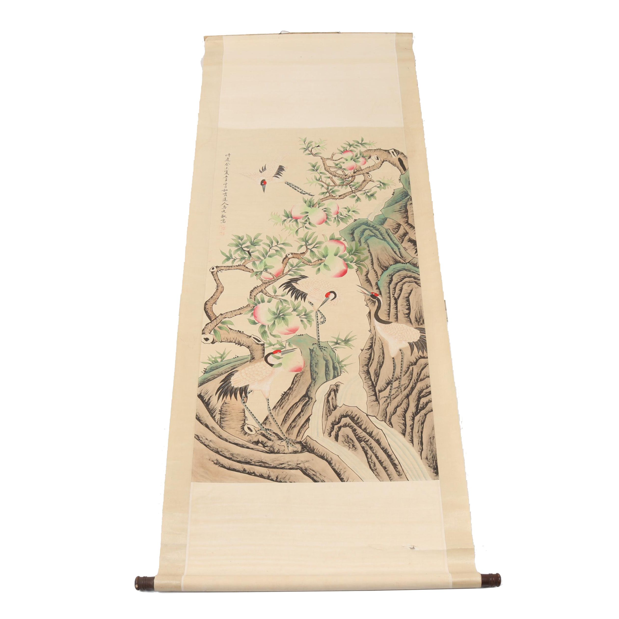 Chinese Ink and Watercolor Hanging Scroll of Birds and Peaches