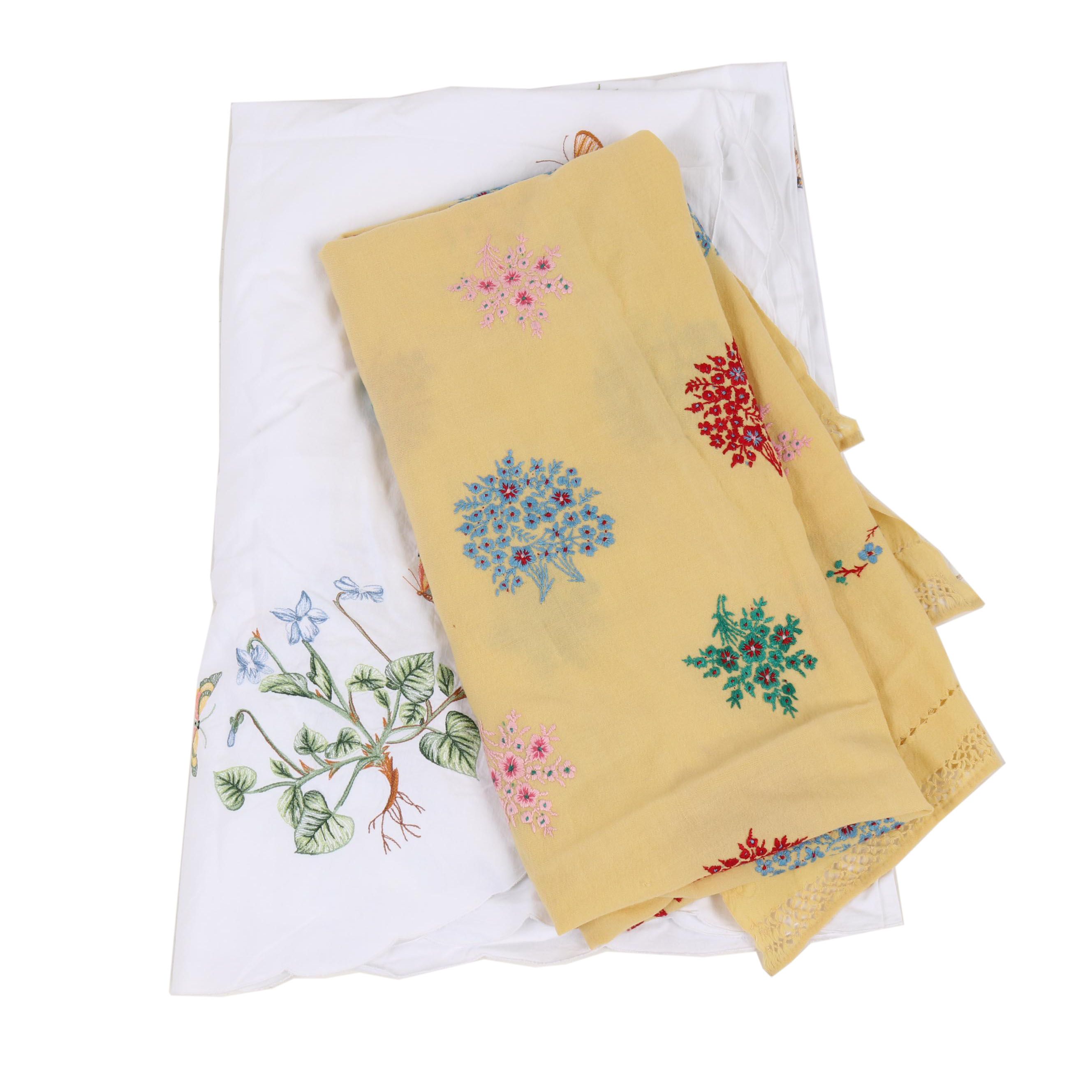 Hand Embroidered Linen Tablecloth and Runner, Mid-20th Century