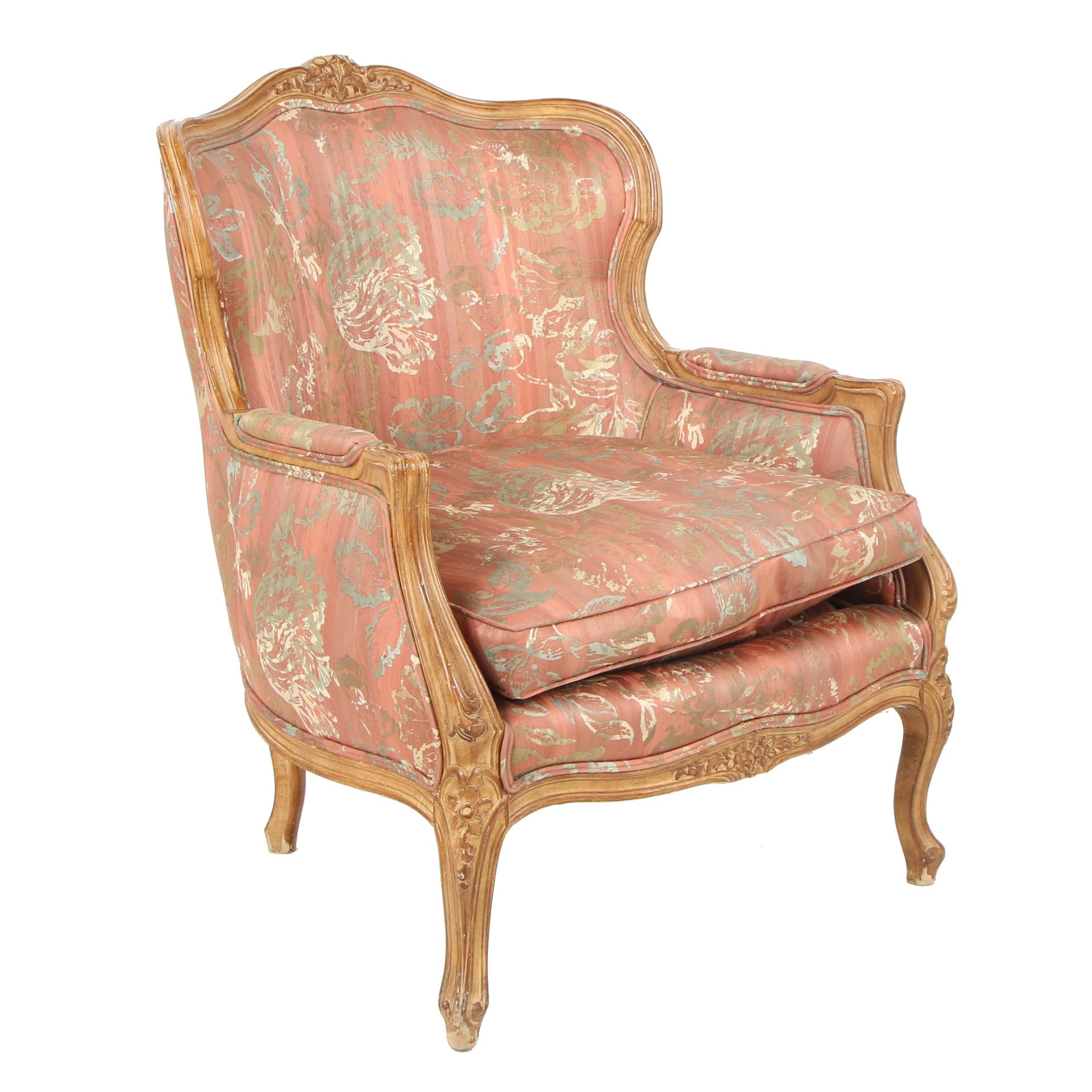 French Provincial Style Carved Birch Frame Upholstered Armchair, Mid-20th C.