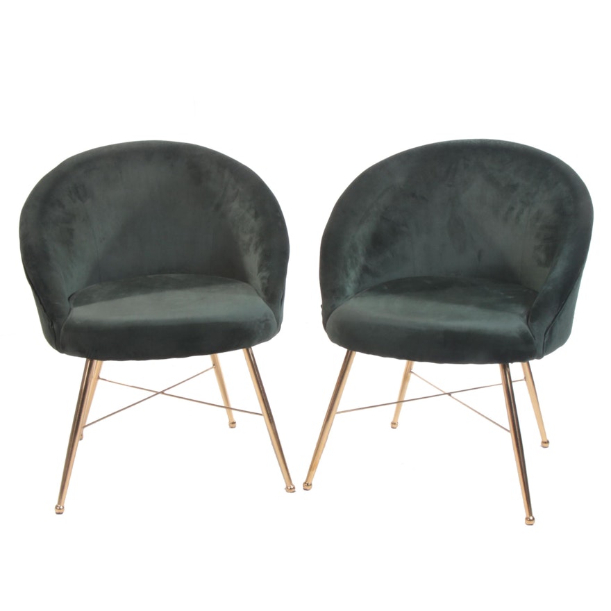 Pair of Art Deco Style "Chantilly" Emerald Green Velour Side Chairs