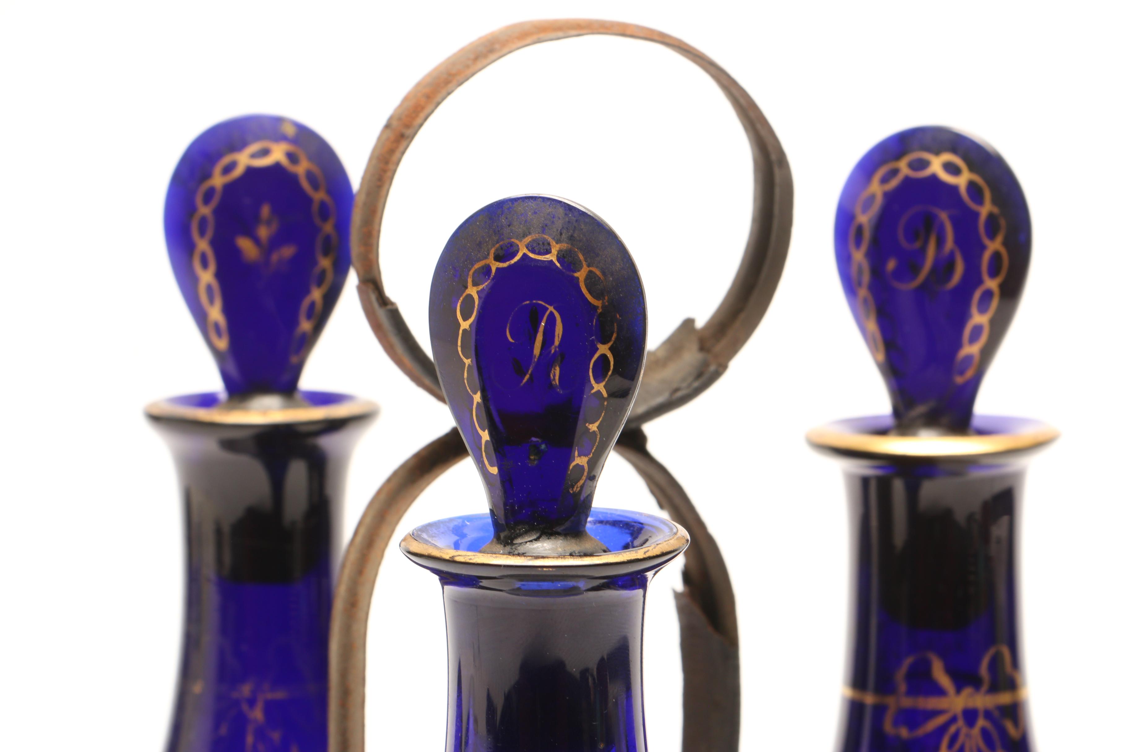 George III Bristol Blue Glass Decanter Set in Leather Stand, circa 1790-1800