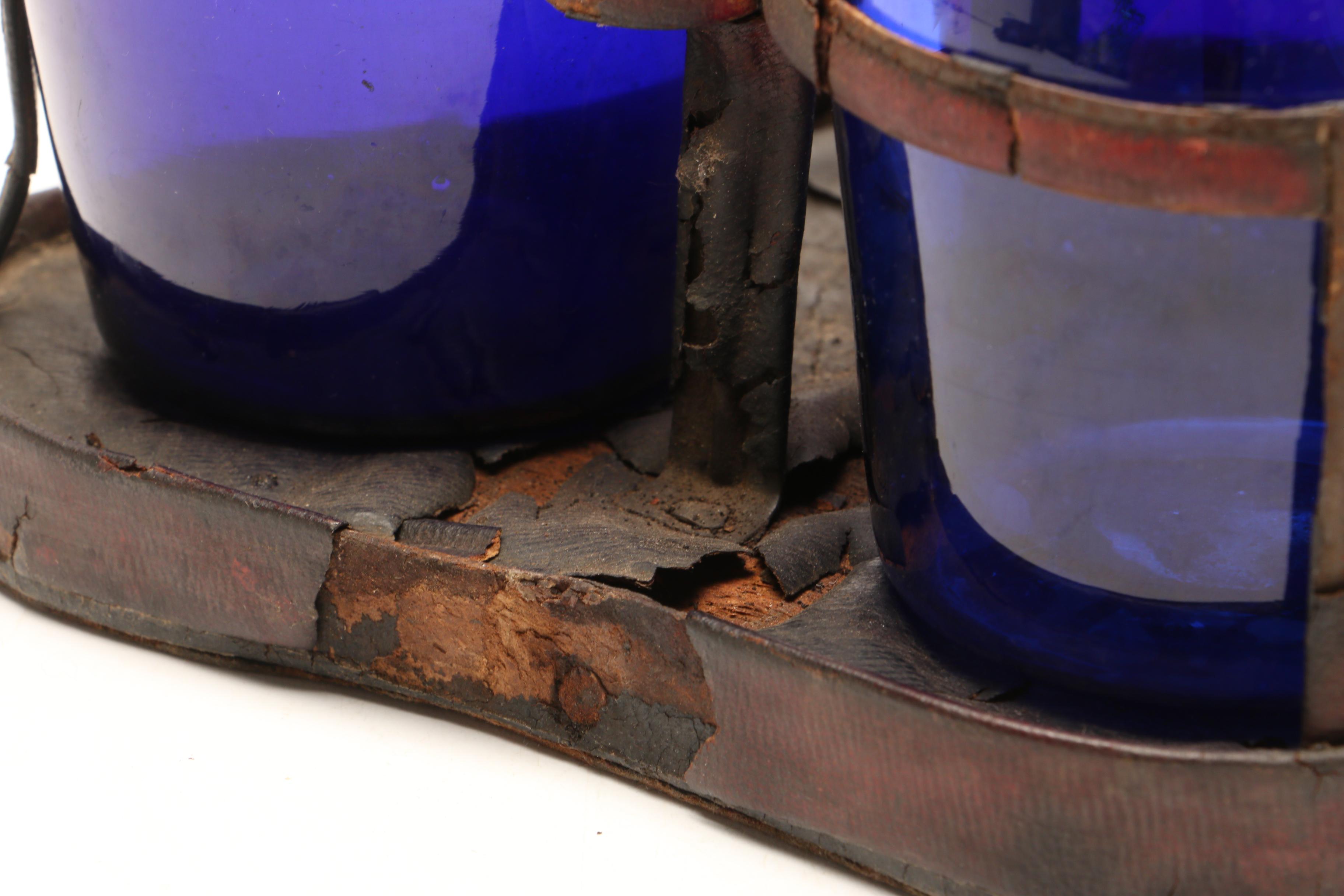 George III Bristol Blue Glass Decanter Set in Leather Stand, circa 1790-1800