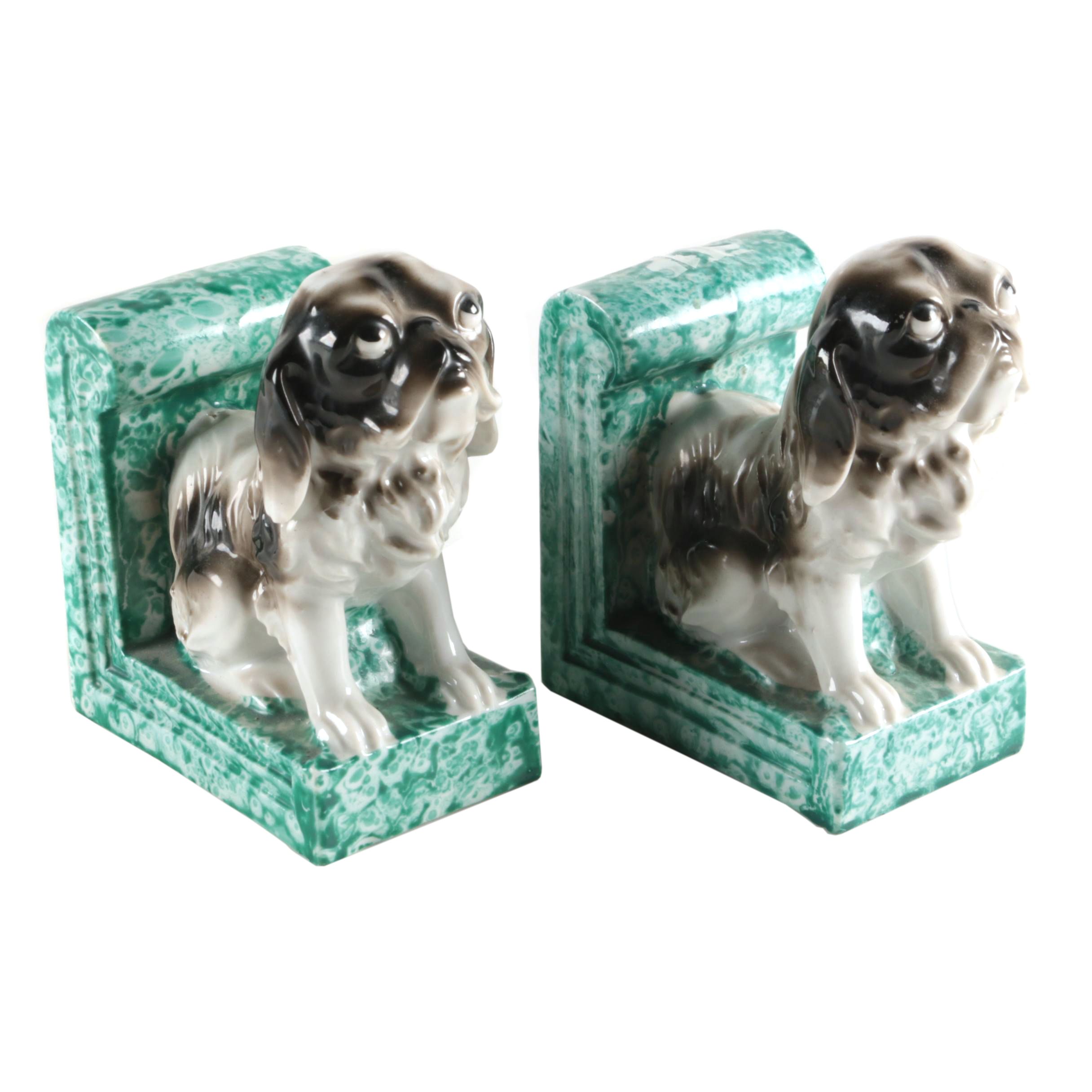 Maruyama Toki Yamashiro Ryuhei Japan Porcelain Pekingese Bookends, 1920s/1930s