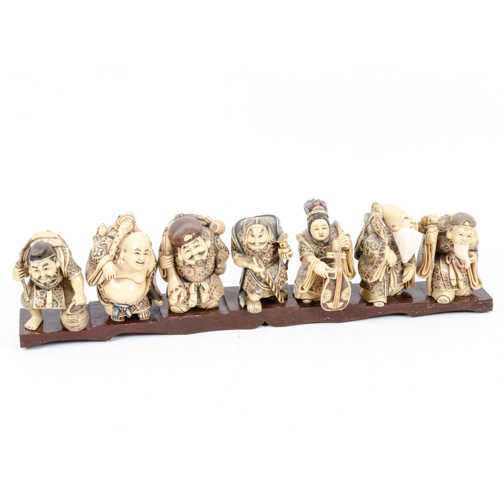Japanese Style "Seven Lucky Gods" Figurines with Wooden Display Stand