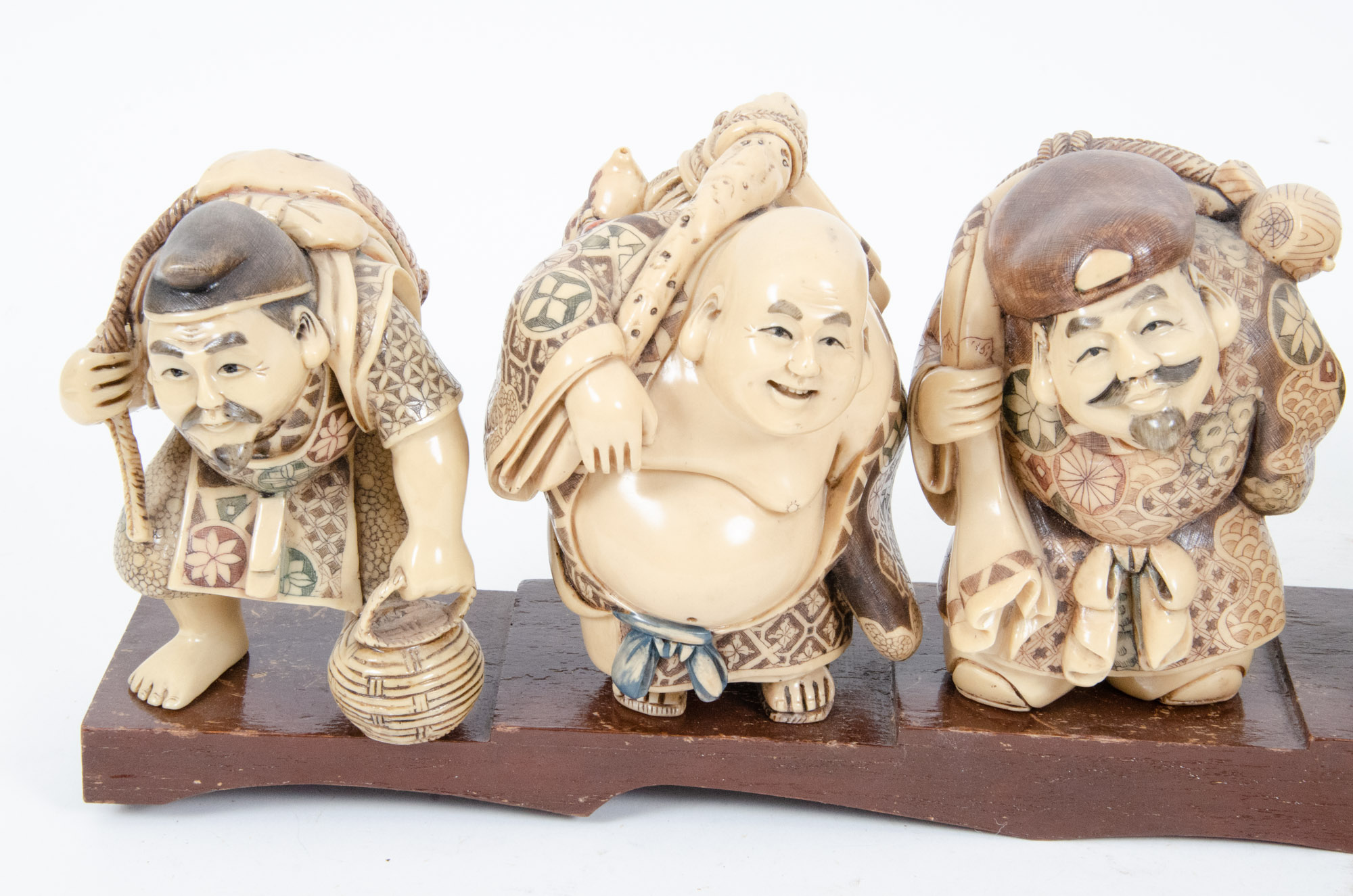 Japanese Style "Seven Lucky Gods" Figurines with Wooden Display Stand