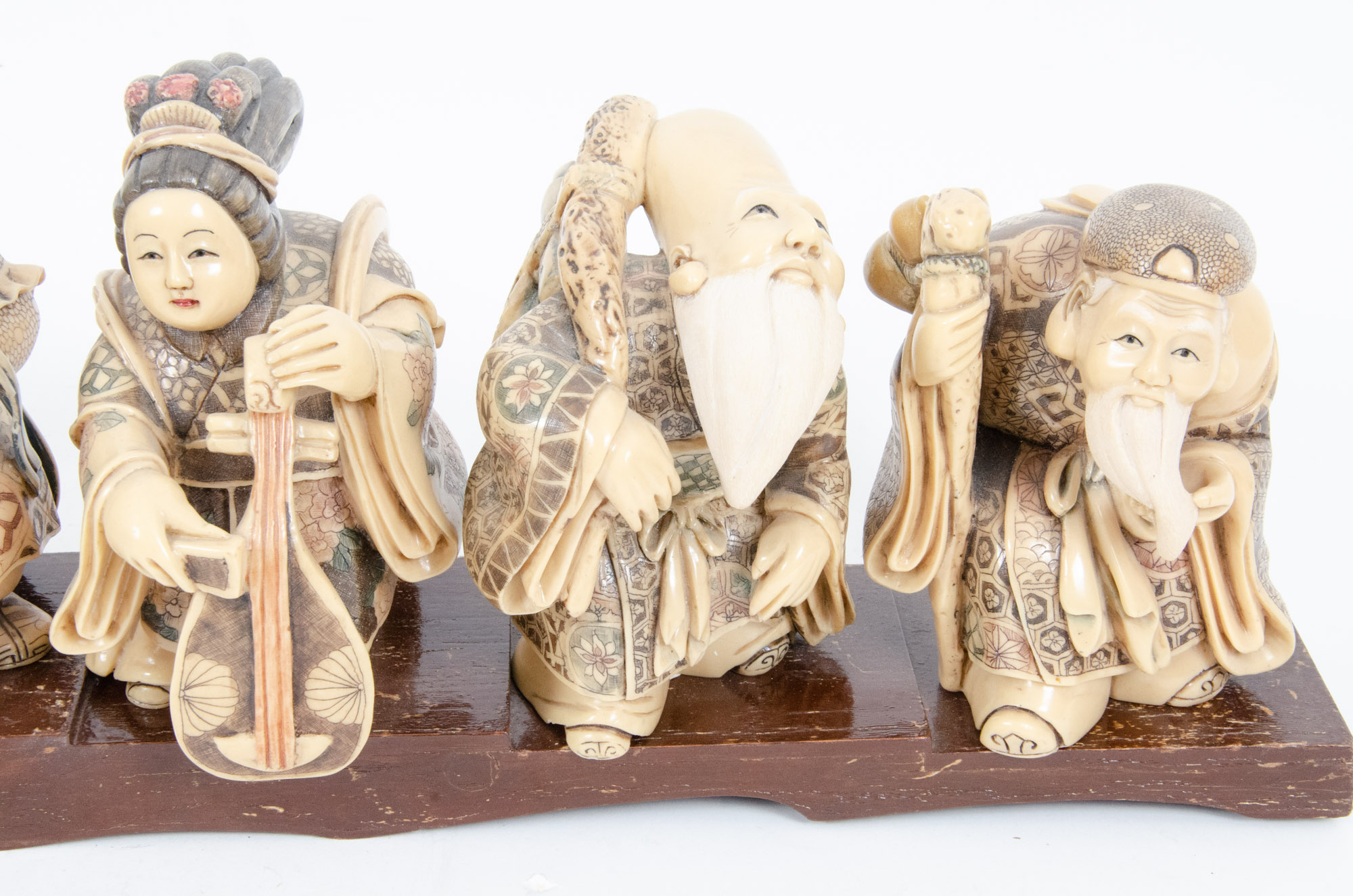 Japanese Style "Seven Lucky Gods" Figurines with Wooden Display Stand